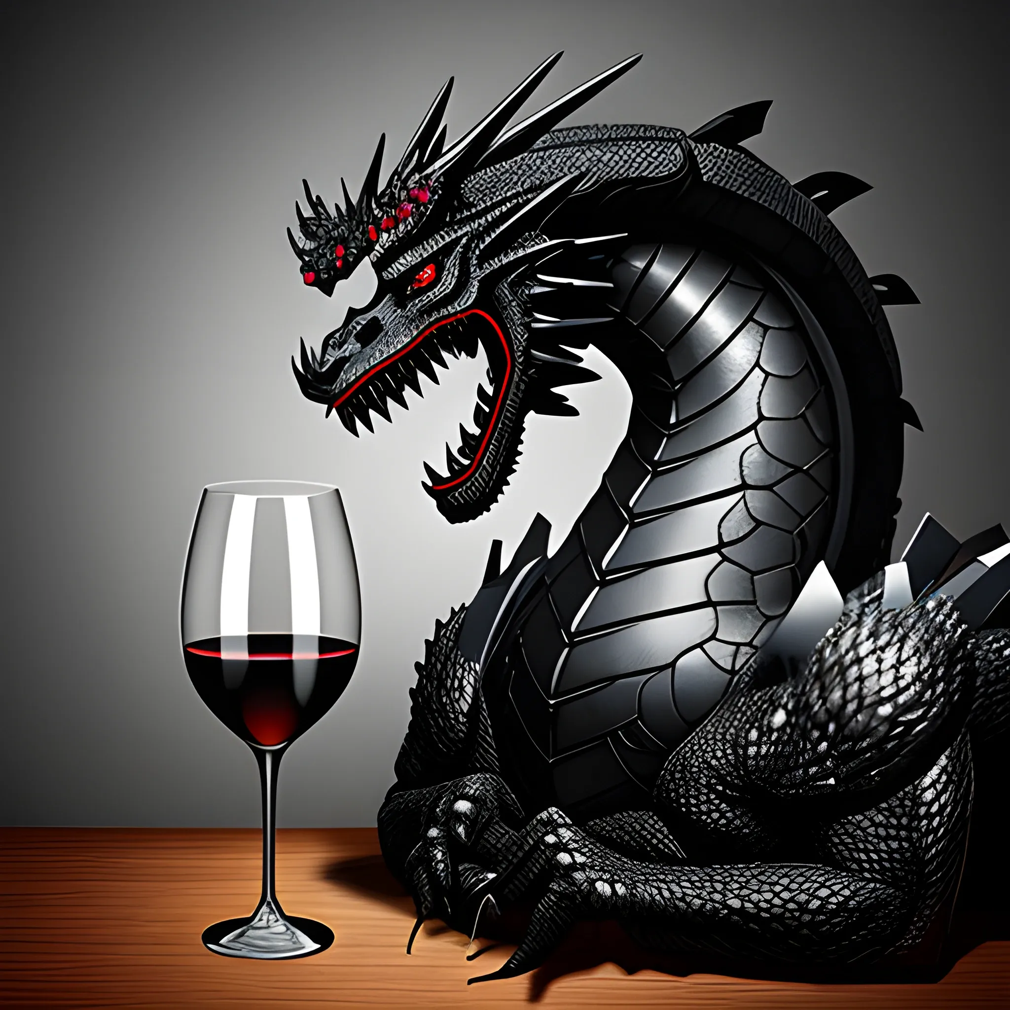 huge black dragon holding a broken wine glass