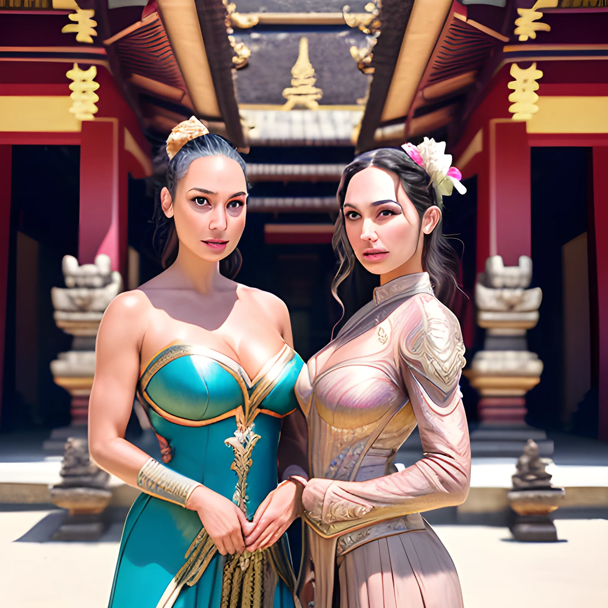 
portrait of lindsey pelas and gal gadot wearing kebaya in bali temple, by charlotte grimm, natural light, detailed face, beautiful features, symmetrical, canon eos c 3 0 0, ƒ 1. 8, 3 5 mm, 8 k, medium - format print, half body shot 