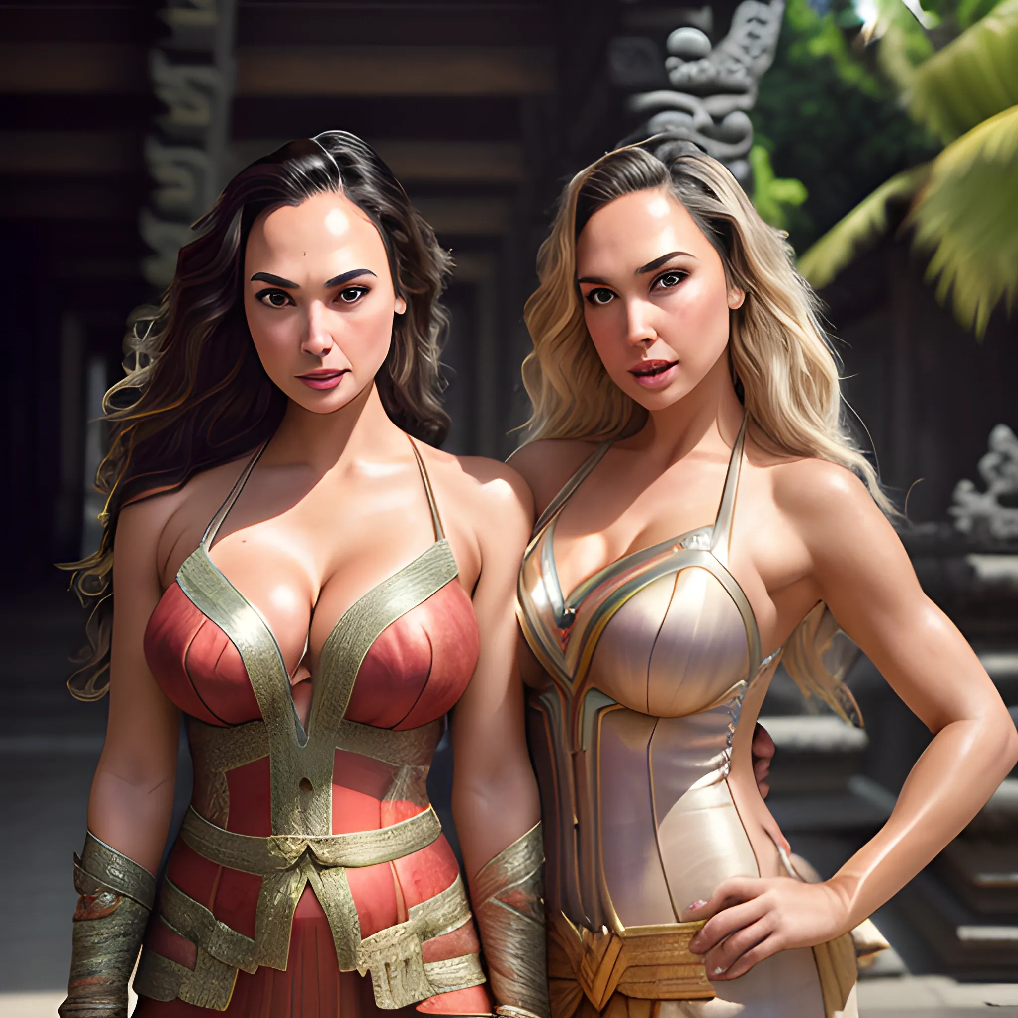 
portrait of lindsey pelas and gal gadot wearing kebaya in bali temple, by charlotte grimm, natural light, detailed face, sexi features, symmetrical, canon eos c 3 0 0, ƒ 1. 8, 3 5 mm, 8 k, medium - format print, half body shot 