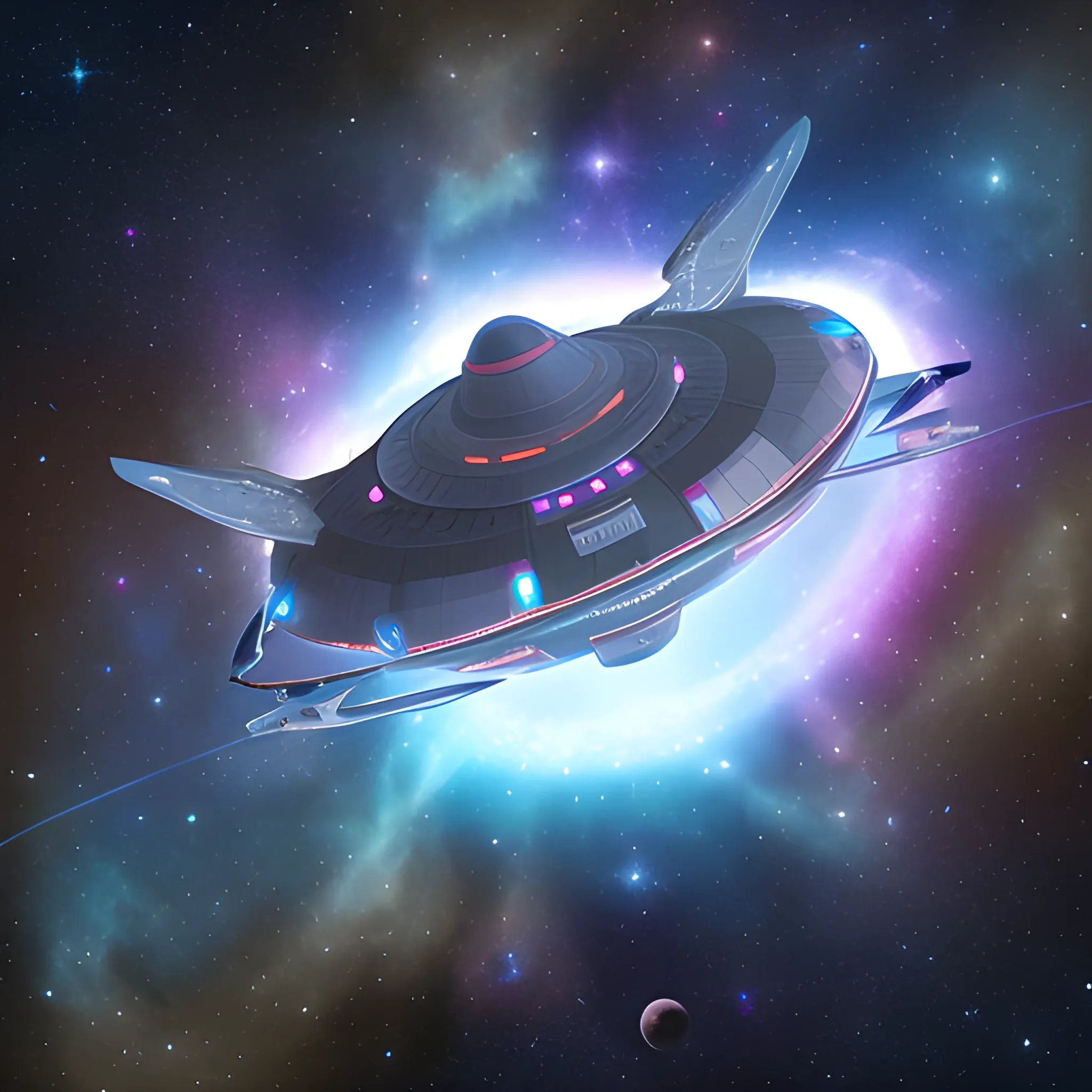 a space ship flying through the cosmos