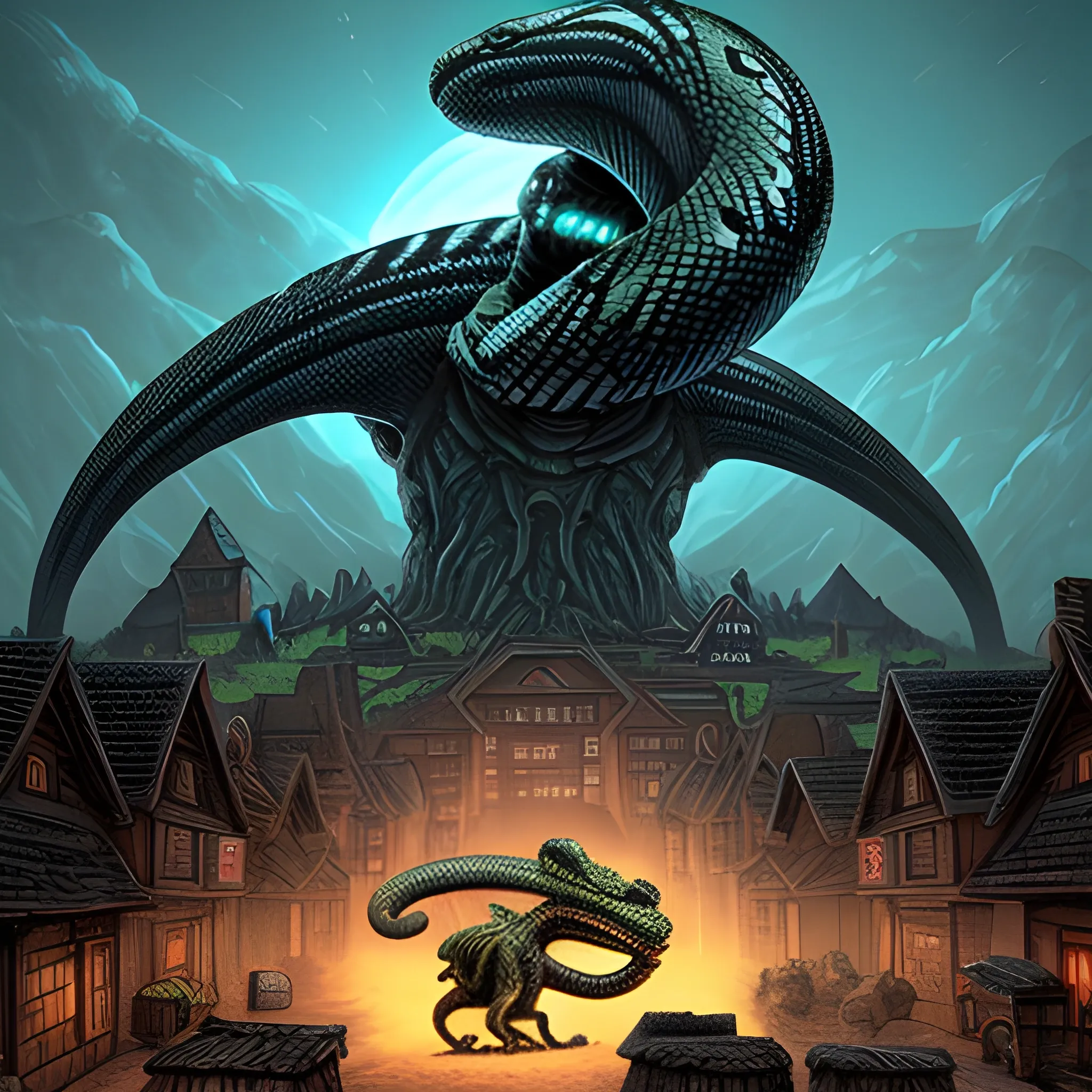 a giant god killing, alien looking, snake attacking a village. 