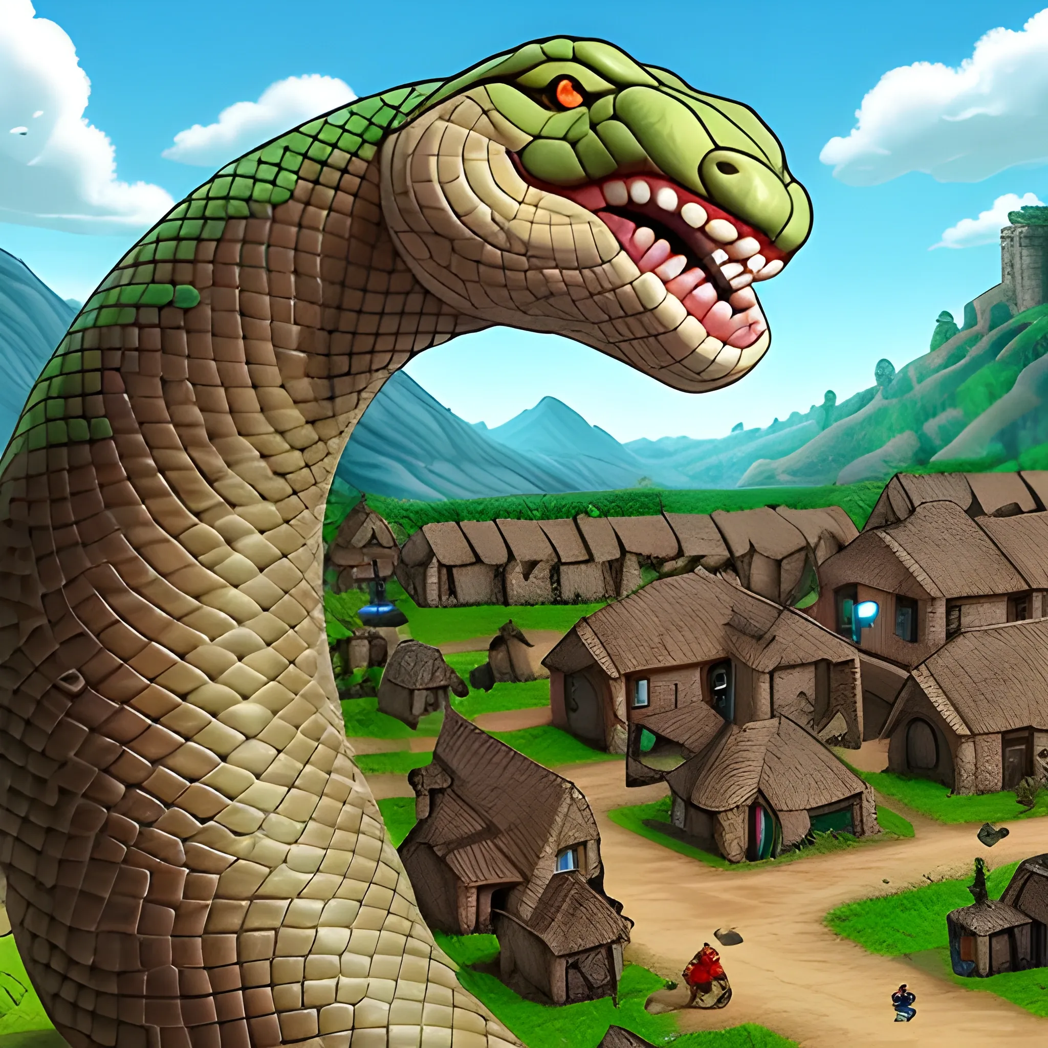 a giant god killing, Snake attacking a village. 