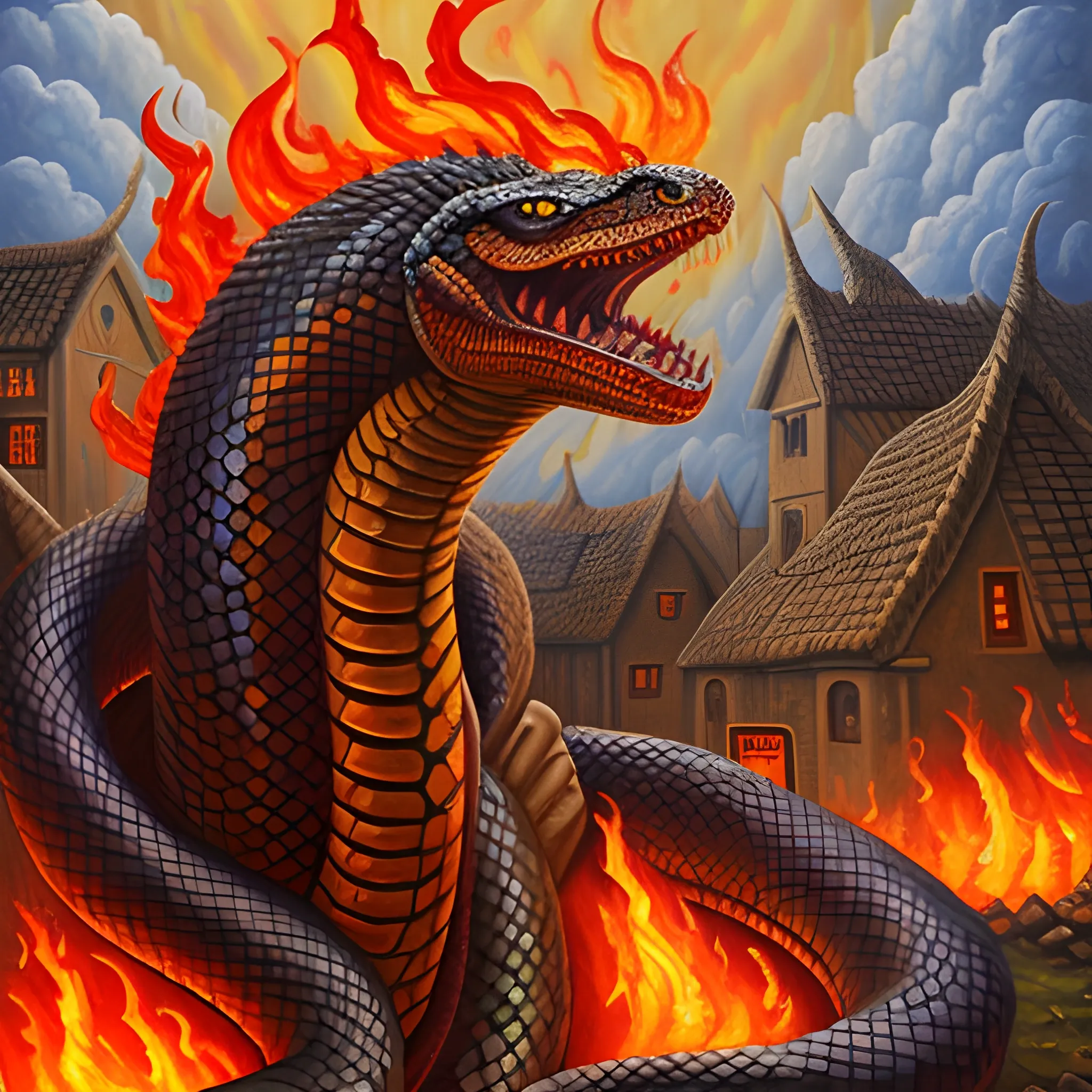 a giant god killing, fire breathing, demonic, Snake Attacking a village, Oil Painting