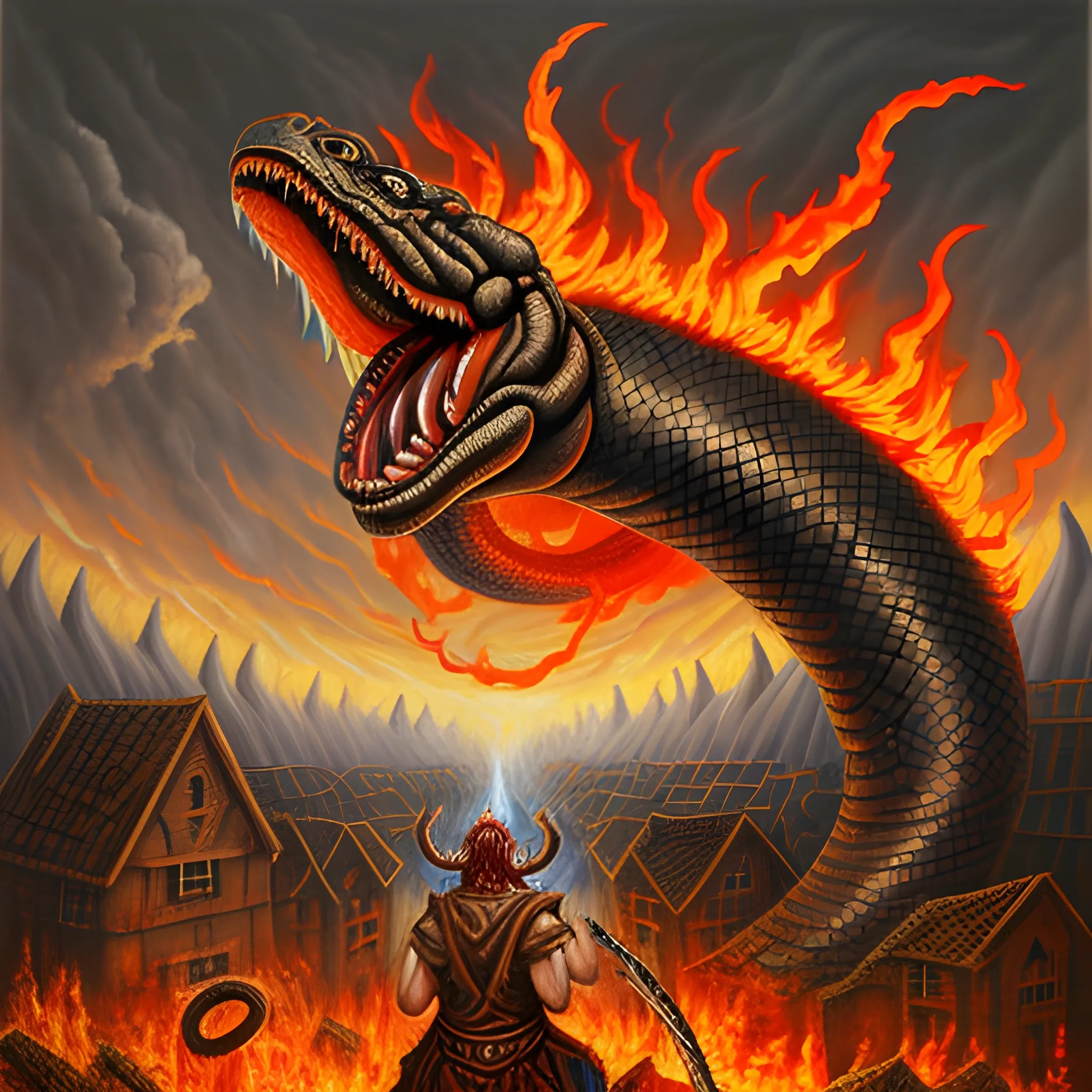 a giant god killing, fire breathing, demonic, Snake Attacking a village, Oil Painting