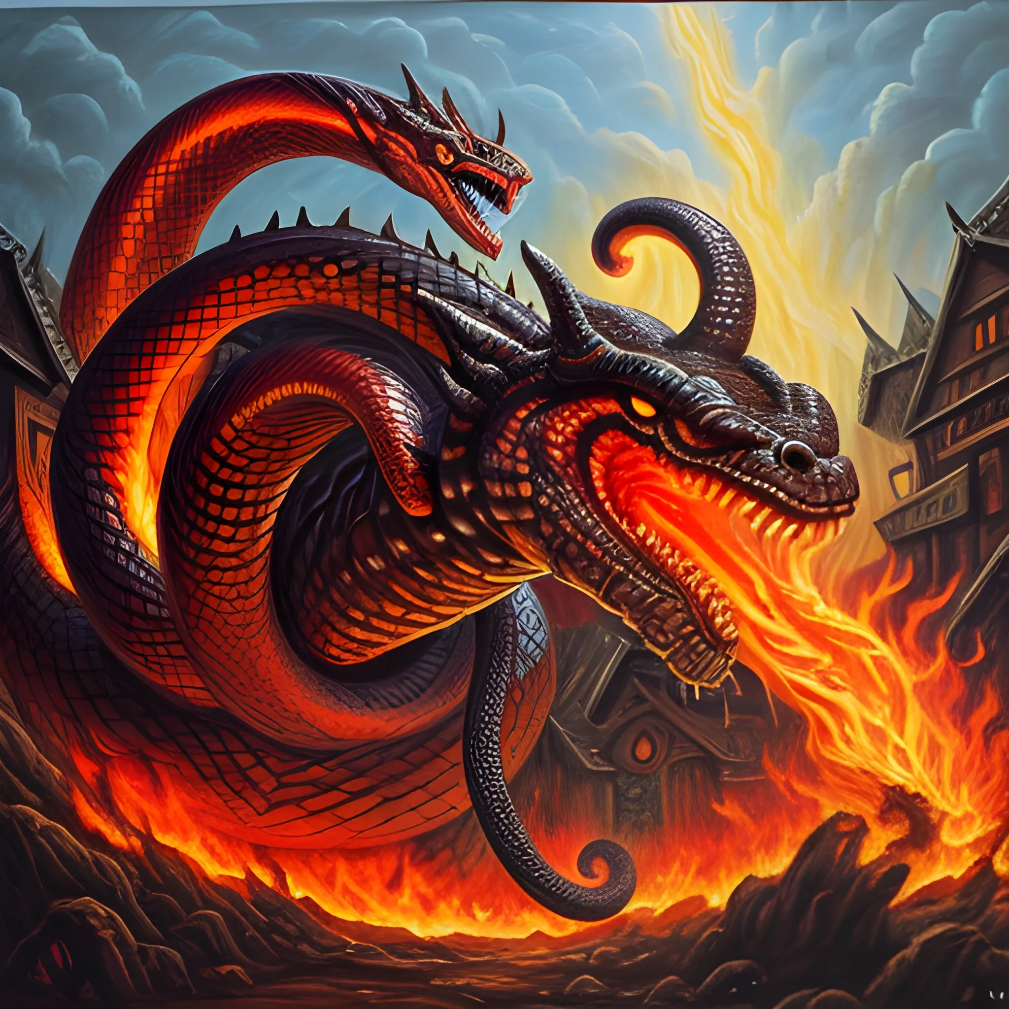 a giant god killing, fire breathing, demonic, Snake Attacking a village, Oil Painting