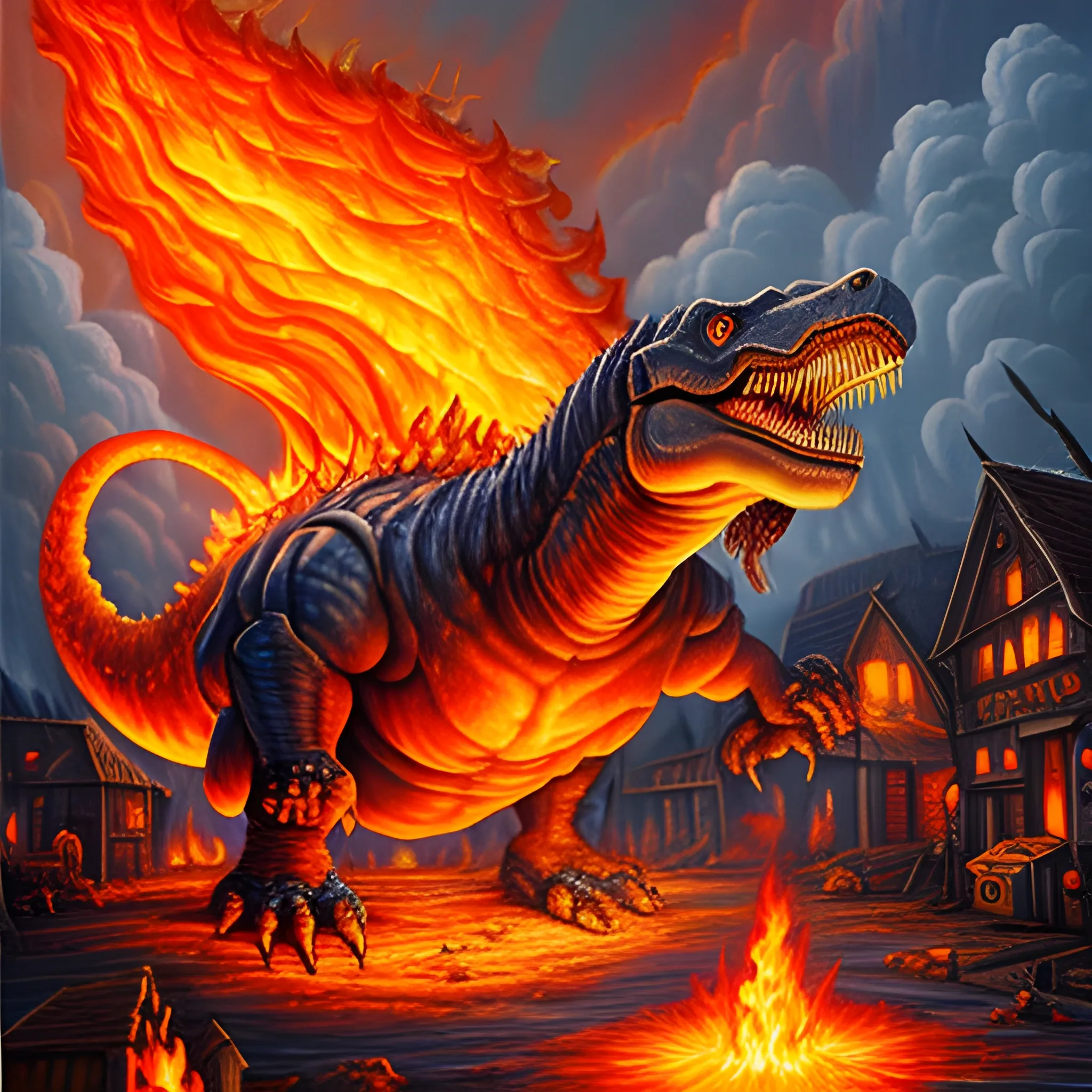 a giant god killing, fire breathing, demonic, Tyrannosaurus Attacking a village, Oil Painting