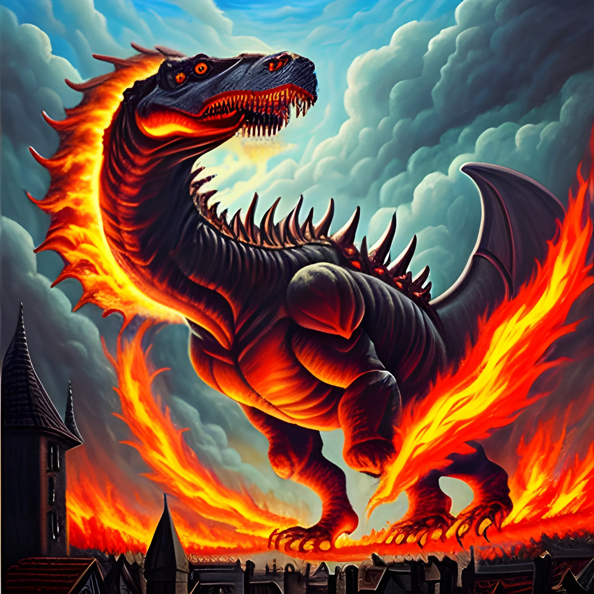 a giant god killing, fire breathing, demonic, Tyrannosaurus Attacking a village, Oil Painting