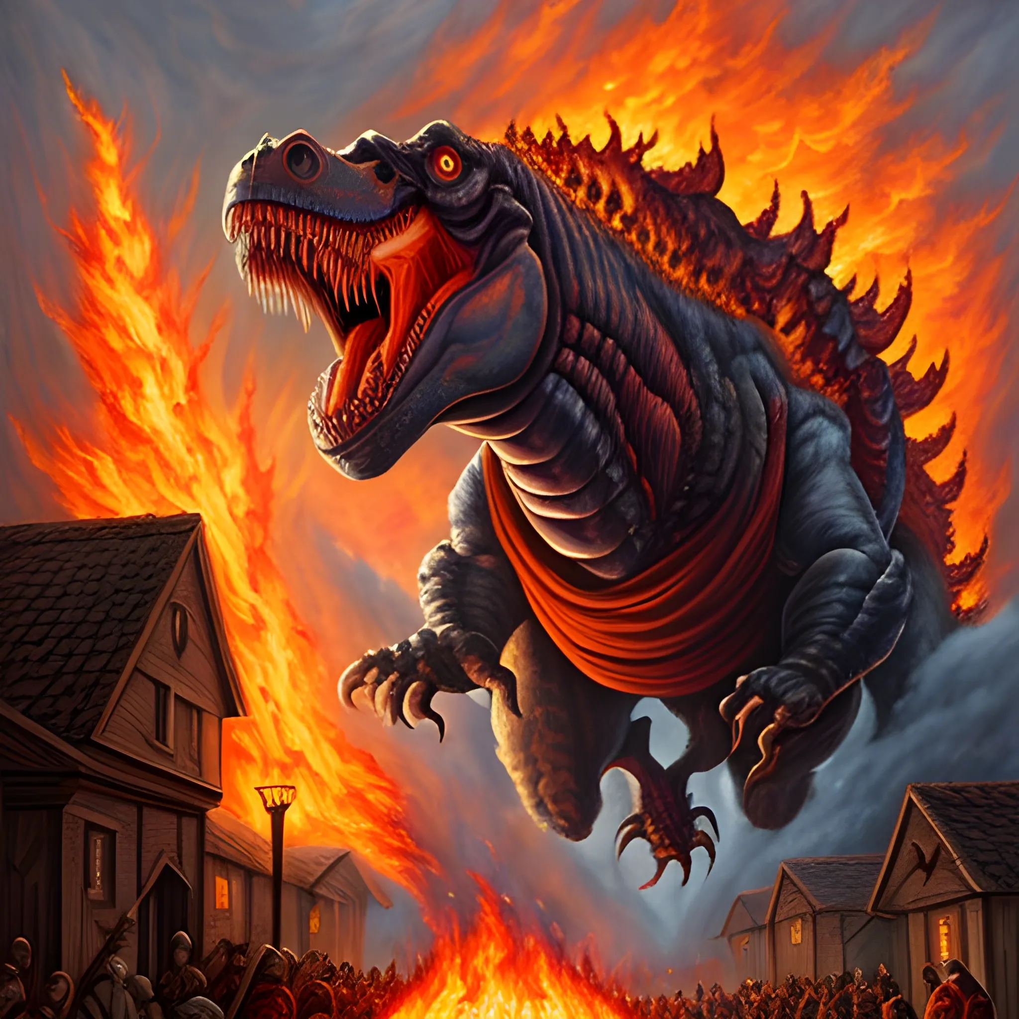 a giant god killing, fire breathing, demonic, Tyrannosaurus Attacking a village, Oil Painting