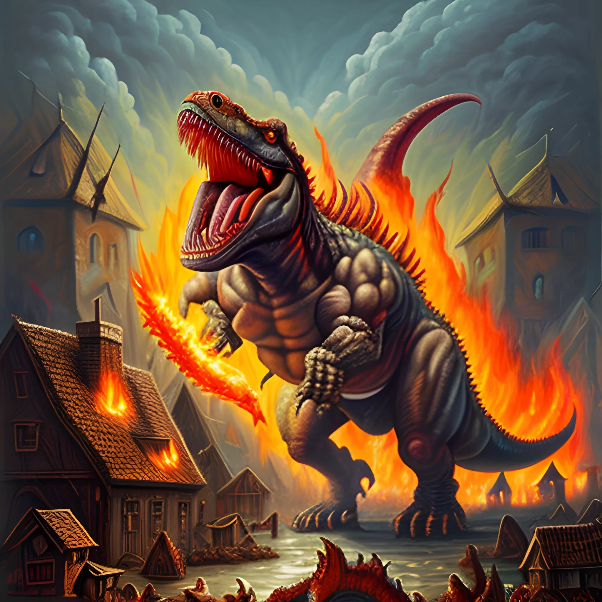 a giant god killing, fire breathing, demonic, Tyrannosaurus Attacking a village, Oil Painting