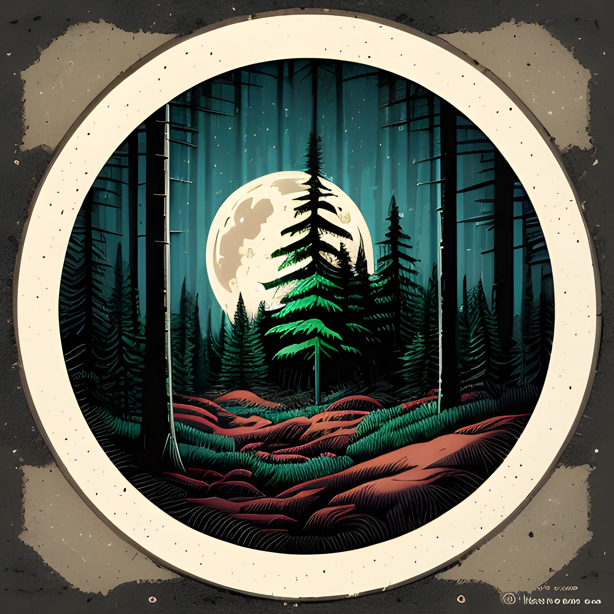 A detailed illustration, pine forest at night, at Cresent Moon, sharp focus , CENTERED, full shot splash, t-shirt graphic design piece of artwork, anime, comic, flat design, colorful shades, highly detailed, clean, vector image, flat white background, isometric, vibrant vector, sticker, anime, vintage, rustic, distressed texture, faded colors, line art, engraving style, background white, no shadows, 16k, focus, deviant art masterpiece.