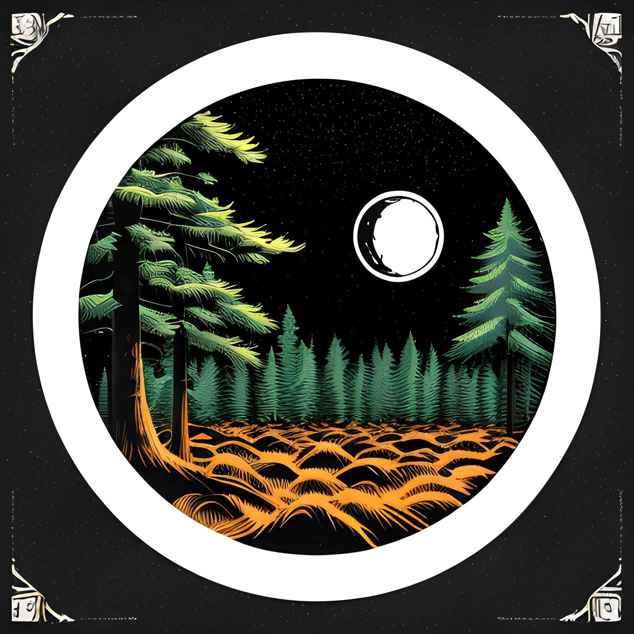 A detailed illustration, pine forest at night, at Cresent Moon ...
