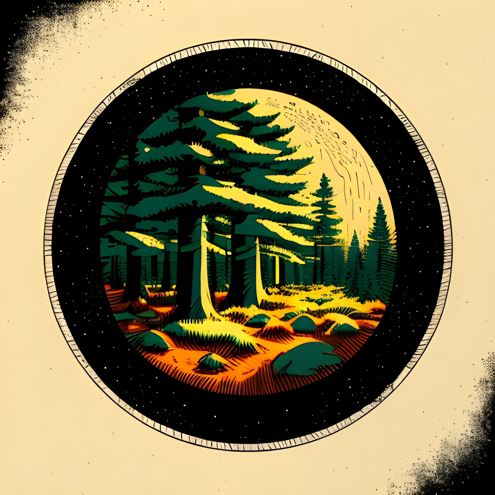 A detailed illustration, pine forest at night, at Cresent Moon, sharp focus , full shot splash, t-shirt graphic design piece of artwork, anime, comic, flat design, colorful shades, highly detailed, clean, vector image, flat white background, isometric, vibrant vector, sticker, anime, vintage, rustic, distressed texture, faded colors, line art, engraving style, background white, no shadows, 16k, focus, deviant art masterpiece.