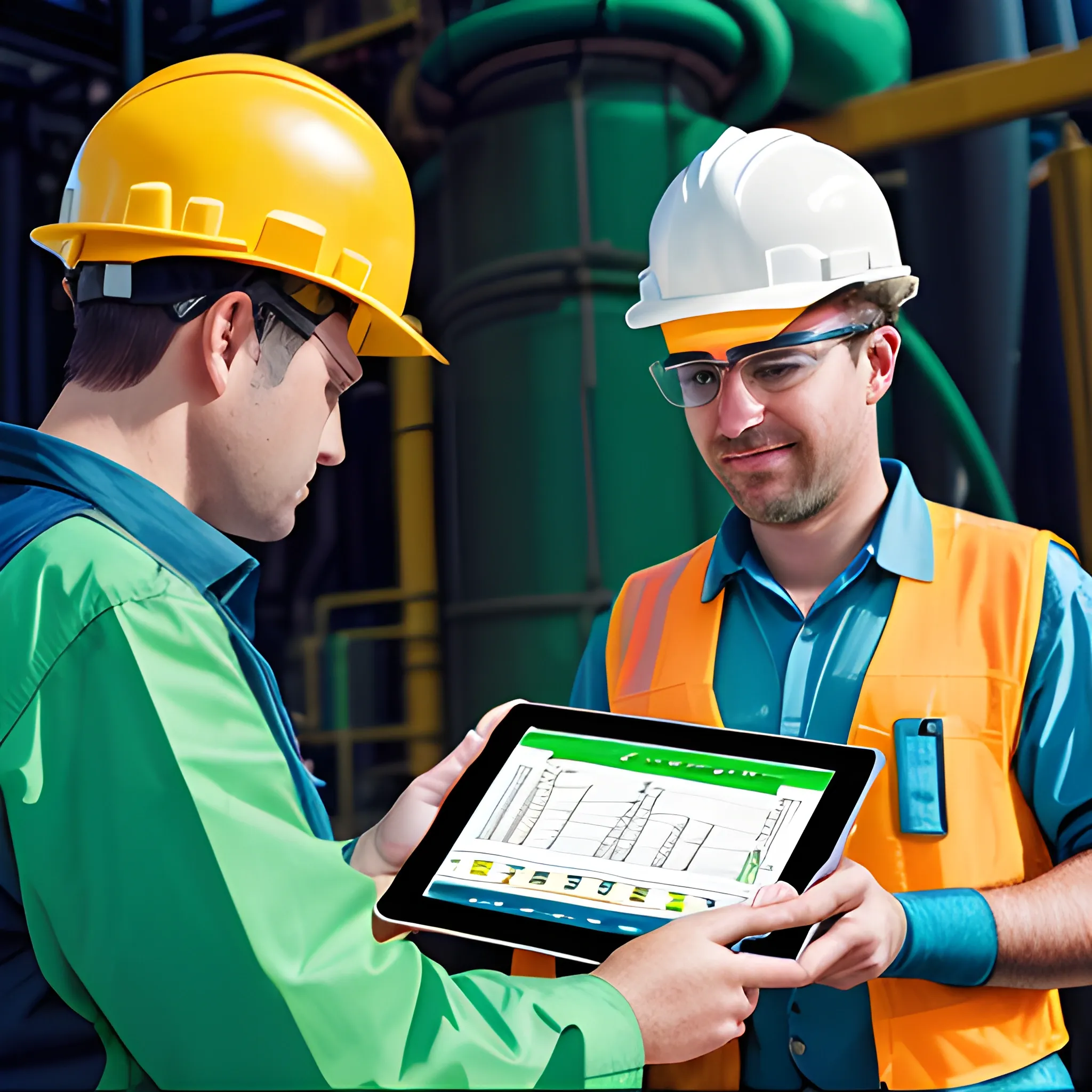 An image showing professionals in the oil and gas industry using an intrinsically safe tablet in their operations, highlighting the confidence and success they achieve by choosing these devices. with green and blue colors