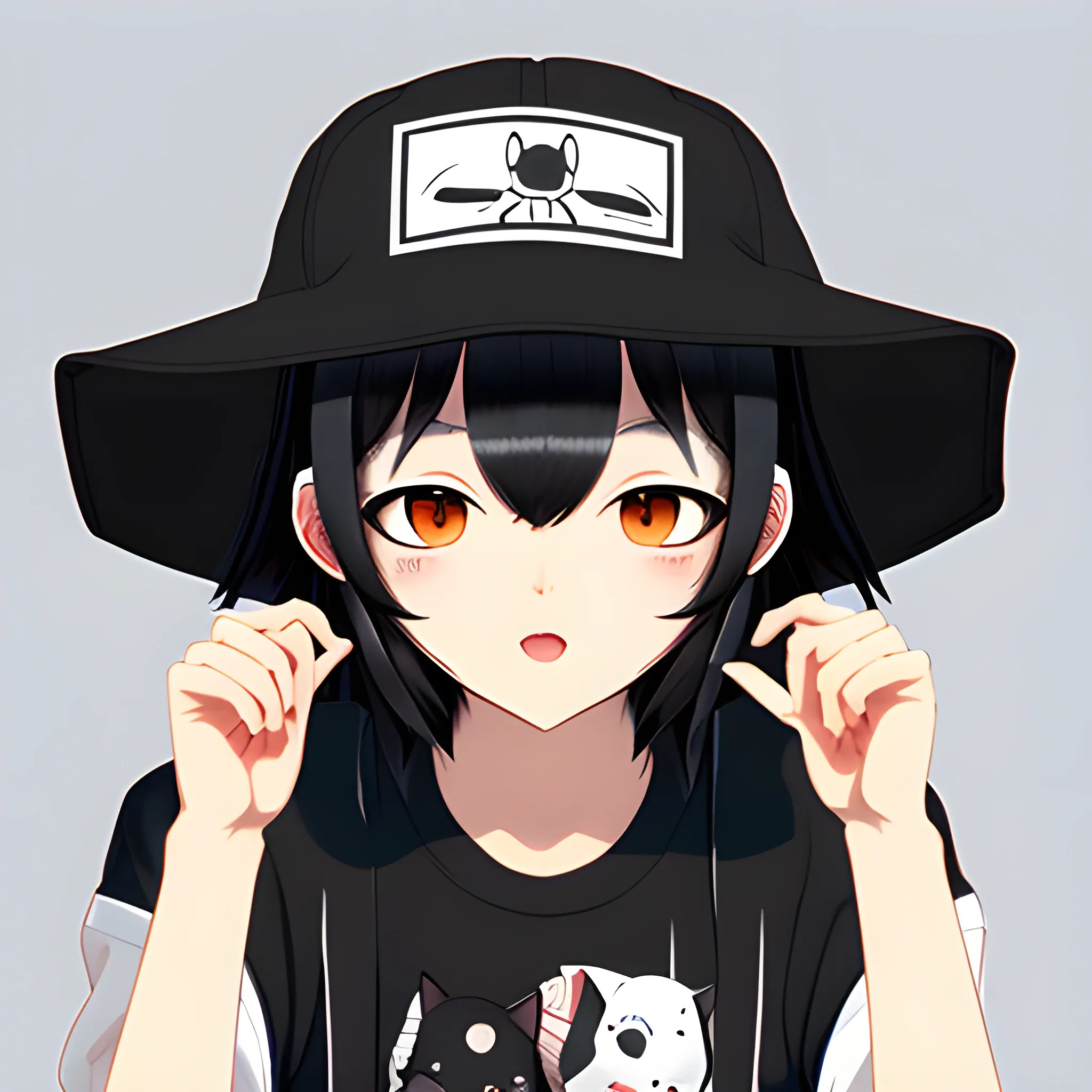 kemonomimi with black hair, human face, bucket hat, pose for hats, birds eye view