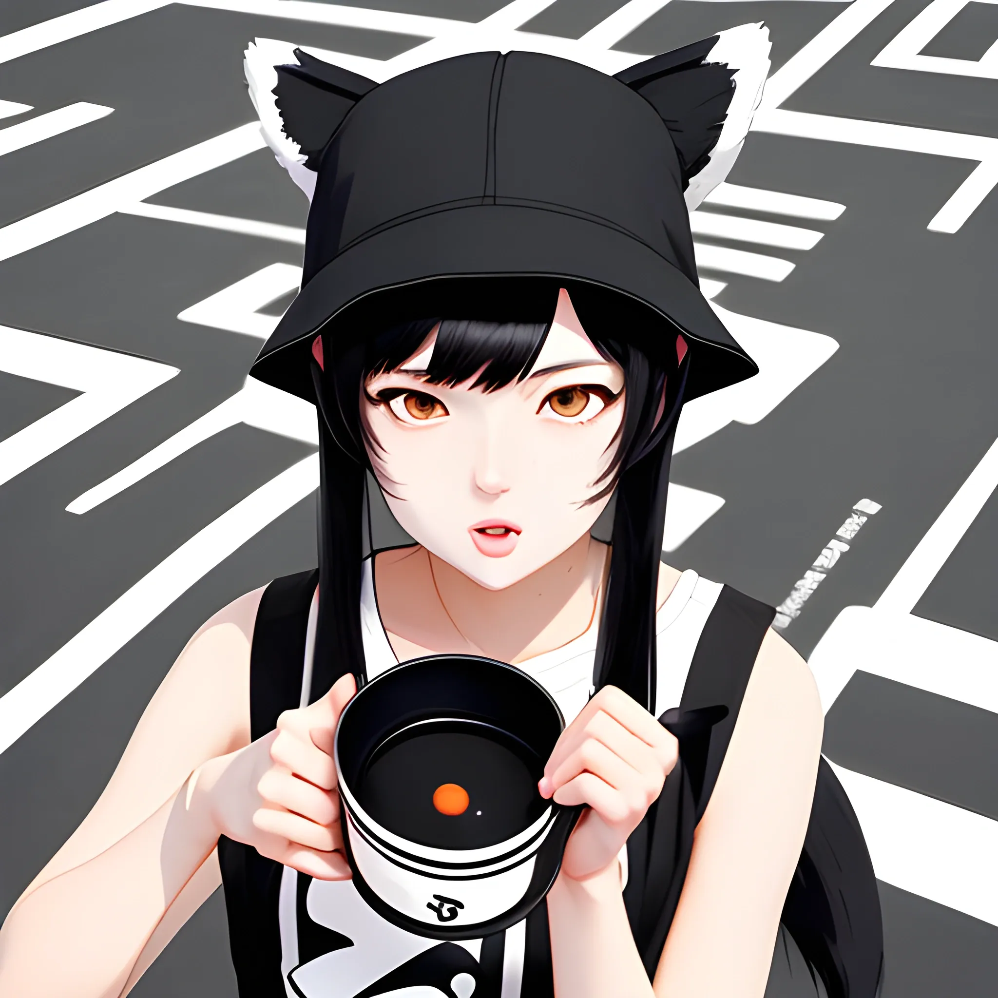 kemonomimi with black hair, human face, bucket hat, pose for hats, bird-eye view