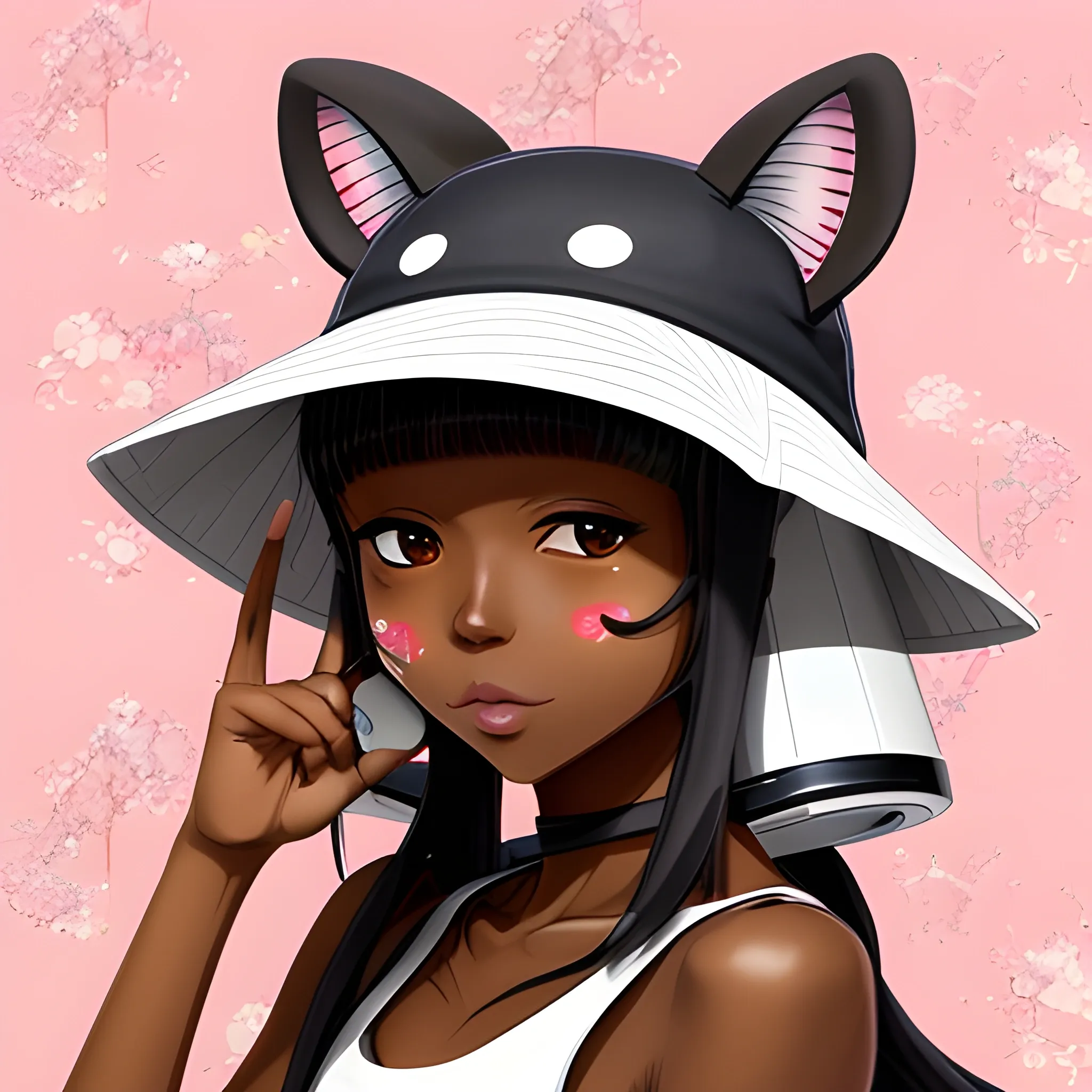 kemonomimi, human face, bucket hat, pose for hats, melanin skin