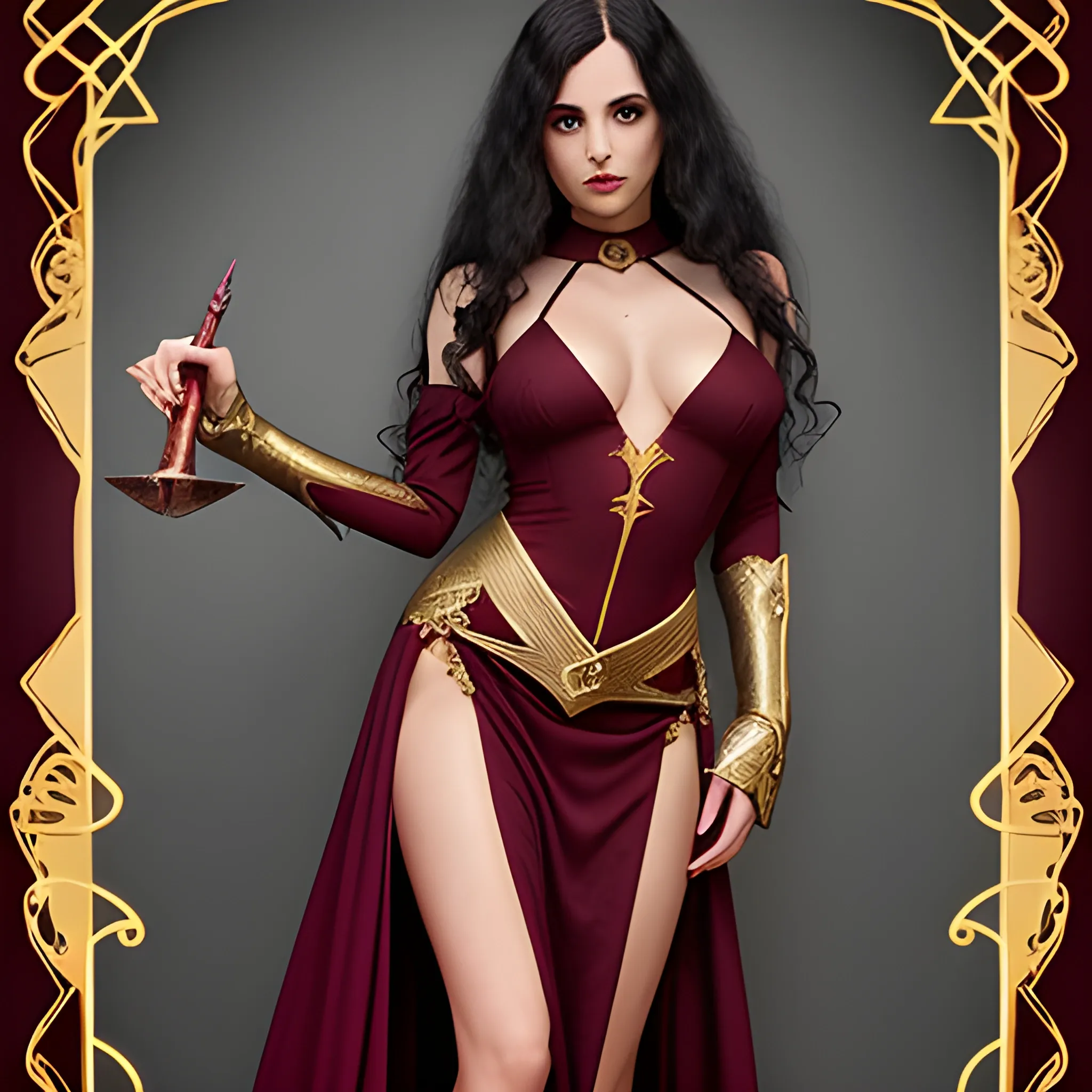 fantasy, evil sorceress, sexy skimpy long sleeved low cut maroon dress with gold accents and high side slits, curly long dark hair
