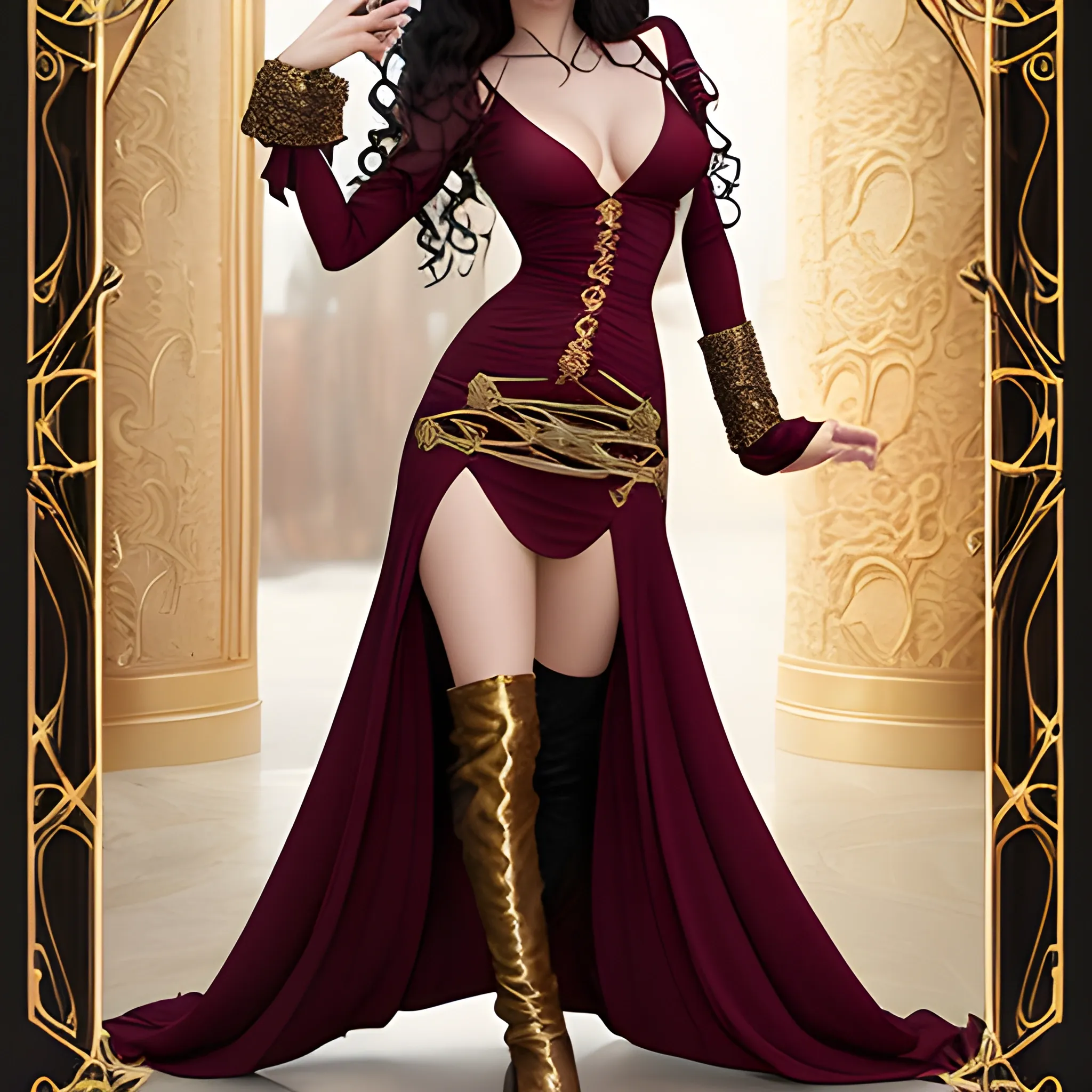 fantasy, evil sorceress, sexy skimpy long sleeved low cut maroon dress with gold accents and high side slits, curly long dark hair
