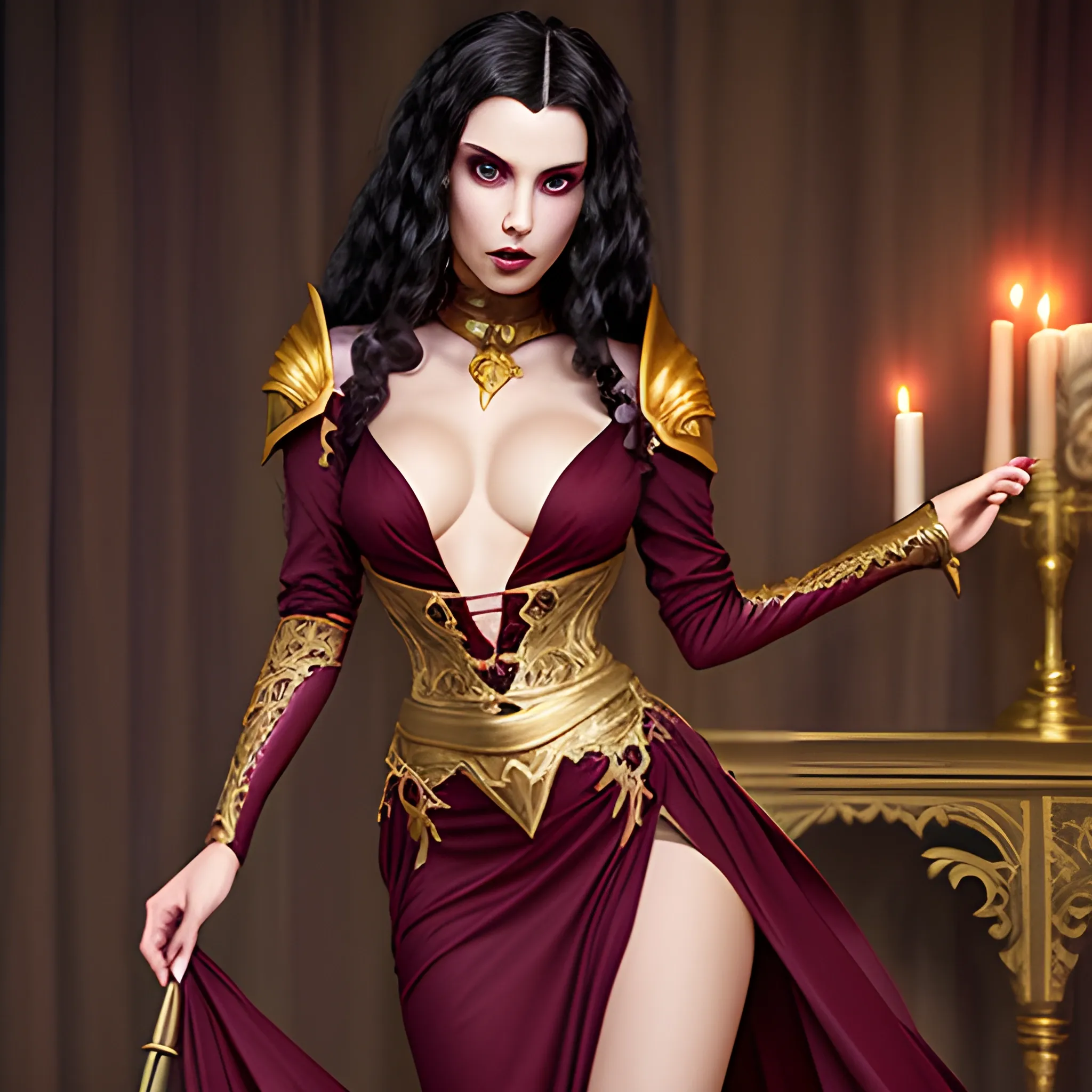 fantasy, evil sorceress, sexy skimpy long sleeved low cut maroon dress with gold accents and high side slits, curly long dark hair
