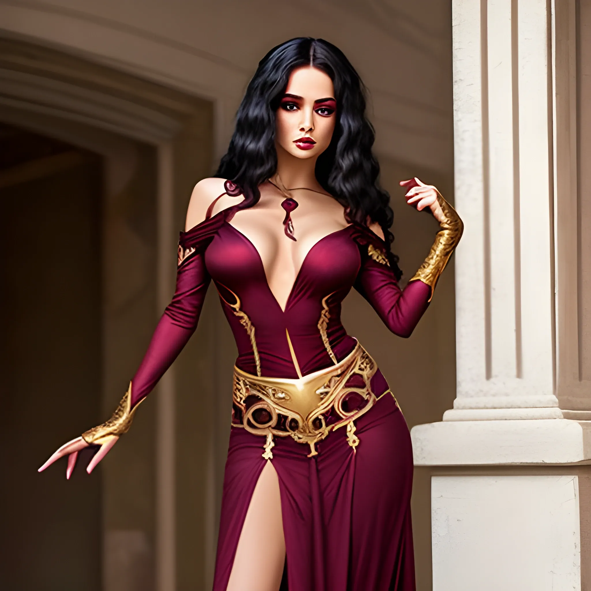 fantasy, evil sorceress, sexy skimpy long sleeved low cut maroon dress with gold accents and high side slits, curly long dark hair
