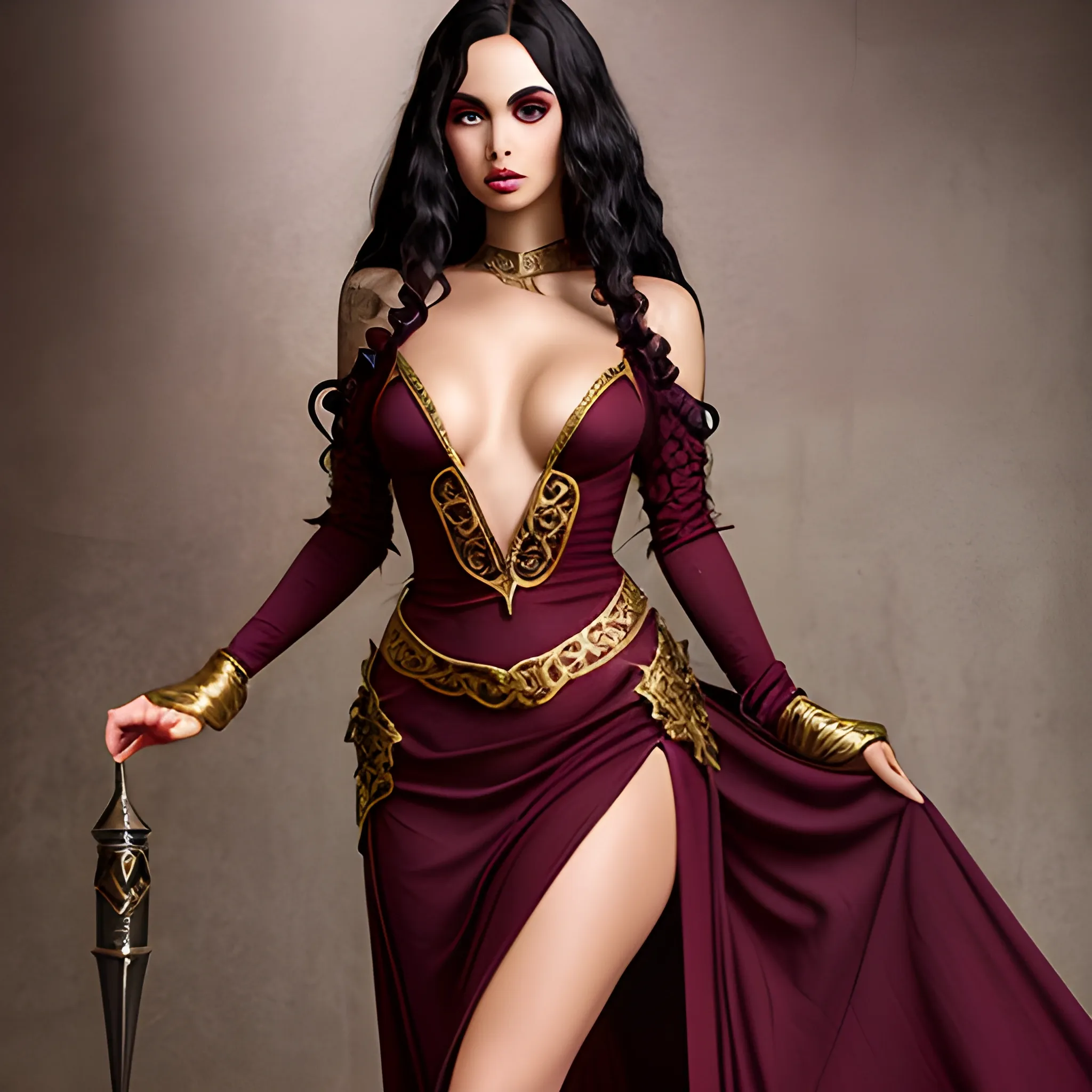 fantasy, evil sorceress, sexy skimpy long sleeved low cut maroon dress with gold accents and high side slits, curly long dark hair
