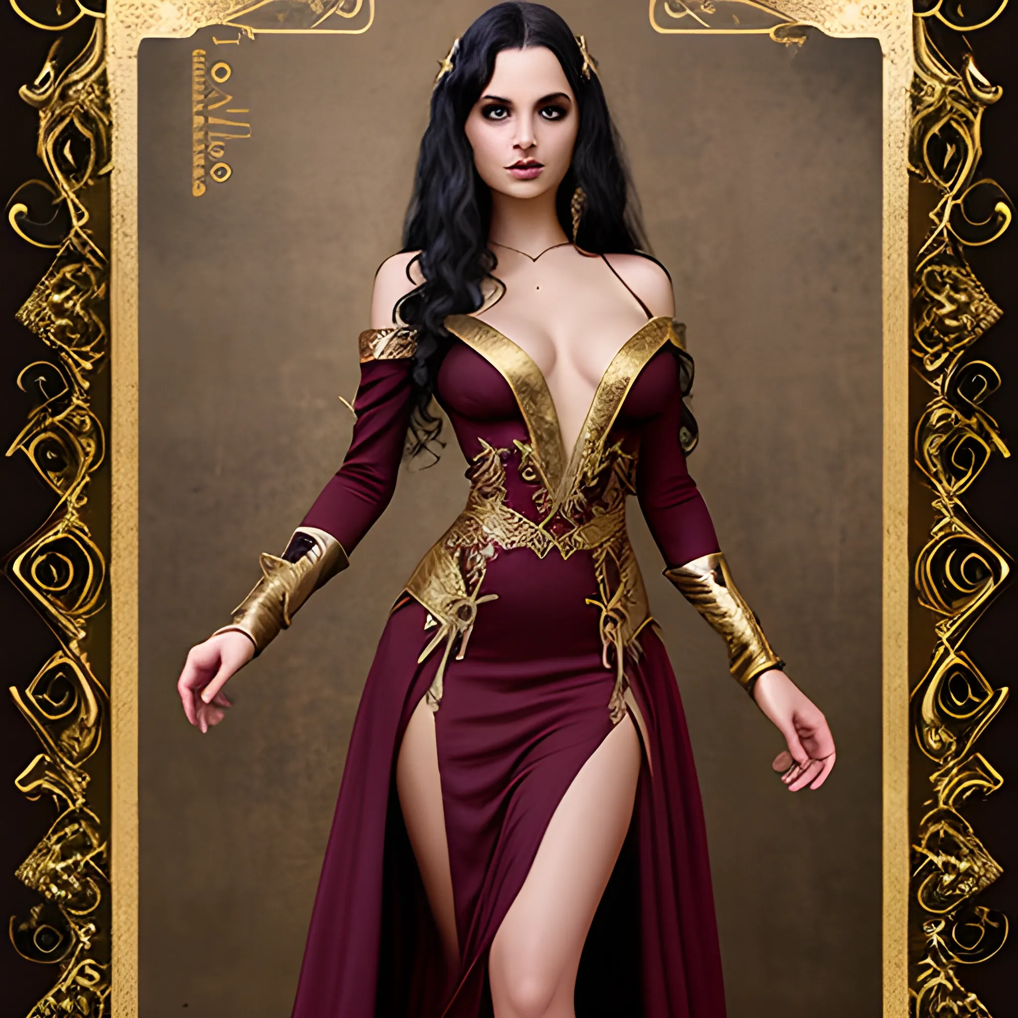 fantasy, evil sorceress, sexy skimpy long sleeved low cut maroon dress with gold accents and high side slits, curly long dark hair
