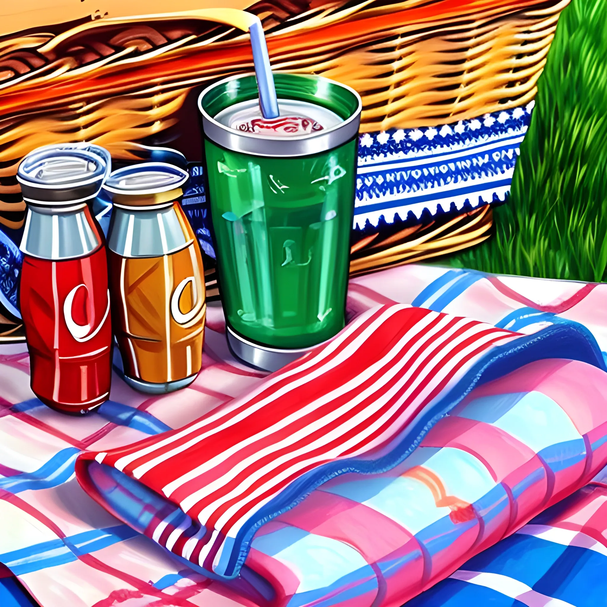 close up view of items on picnic blanket, soda, very coherent, painted by bethany saab
