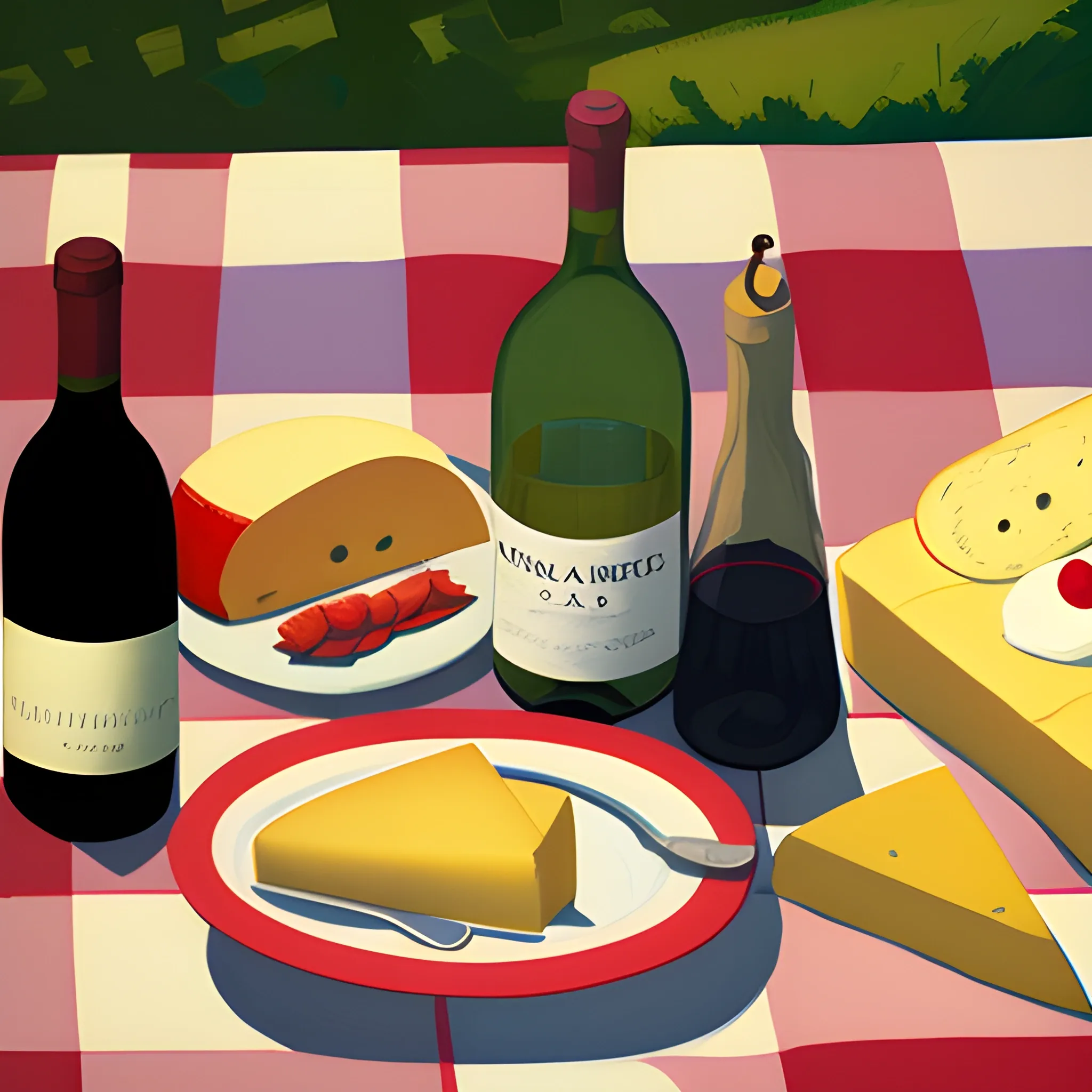 close up view of items on picnic blanket, wine and cheese, very coherent, painted by Edward Hopper, painted by James Gilleard
