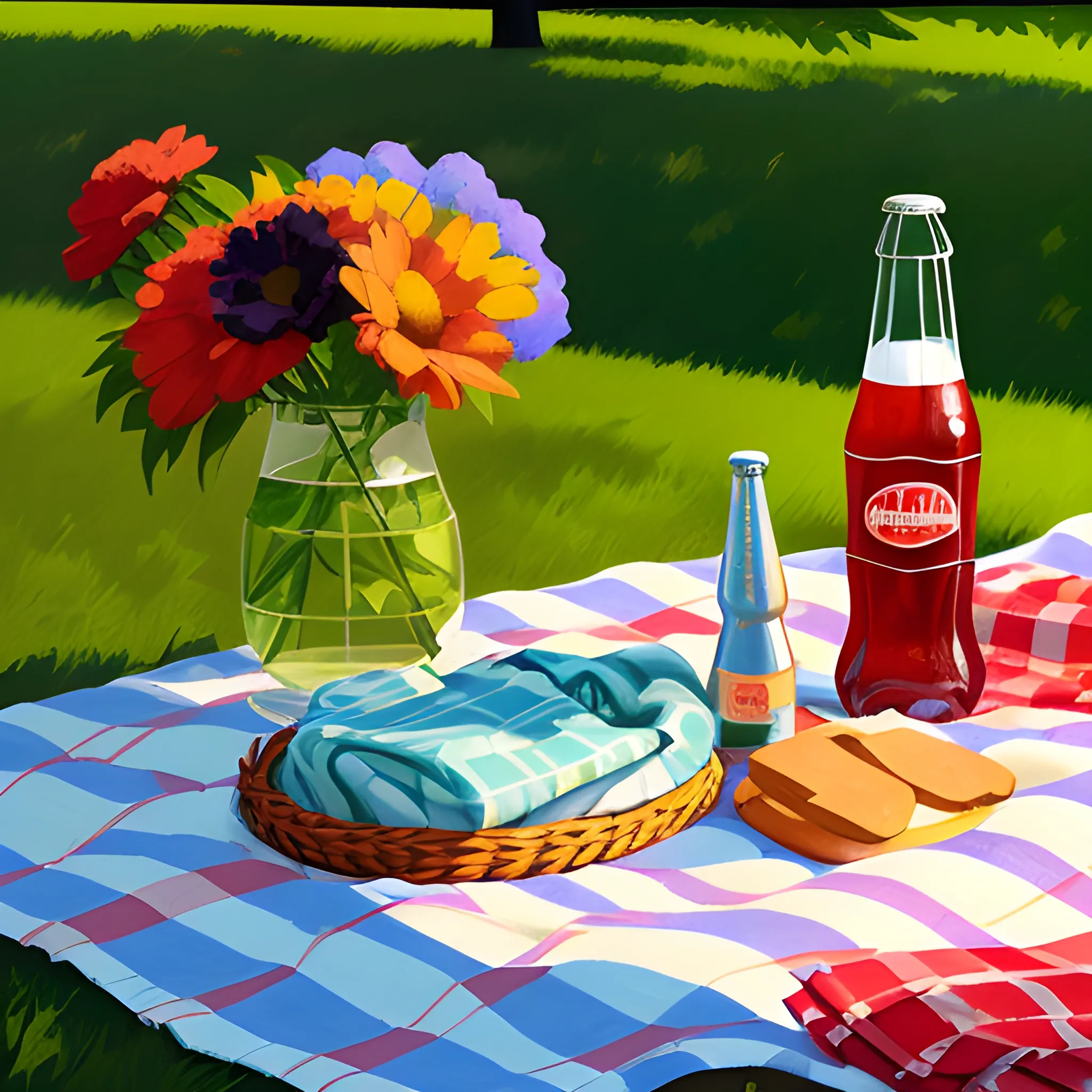 close up view of items on picnic blanket, soda, flowers, very coherent, painted by Edward Hopper, painted by James Gilleard
