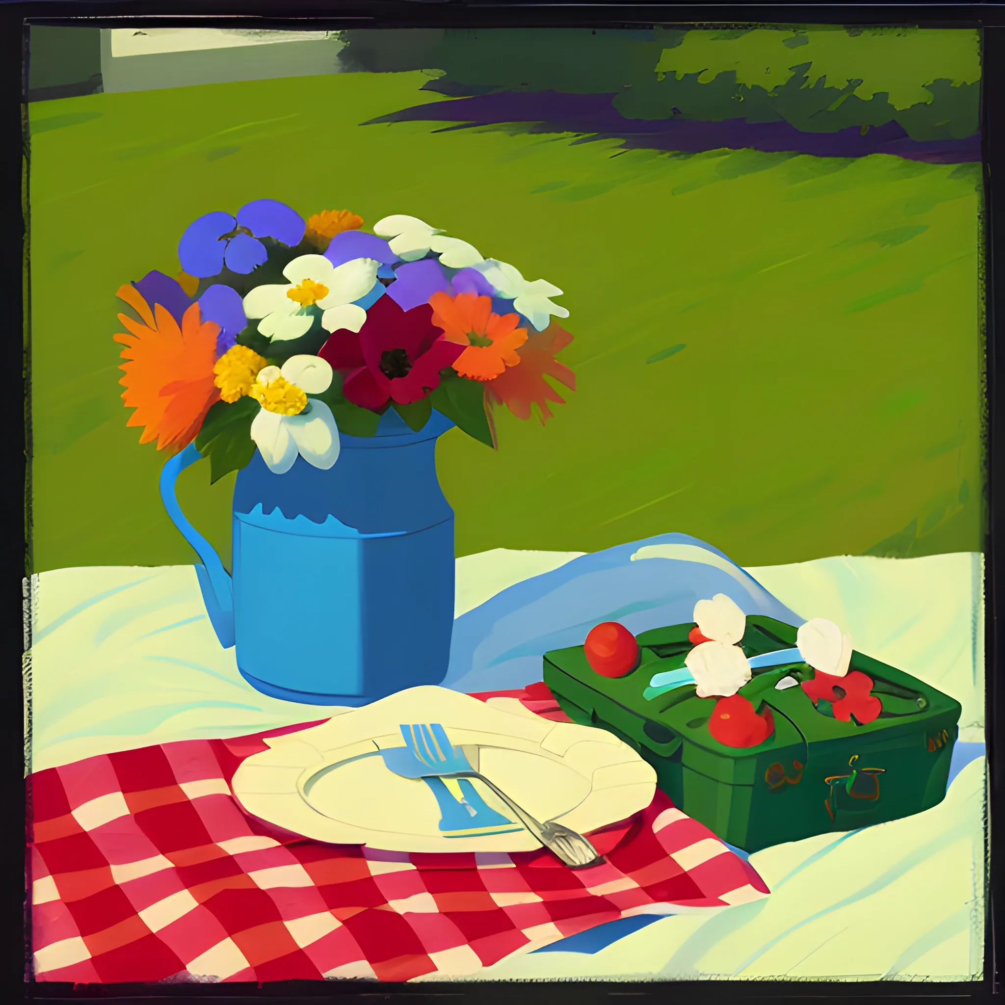 close up view of items on picnic blanket, contemporary, flowers, very coherent, painted by Edward Hopper, painted by James Gilleard
