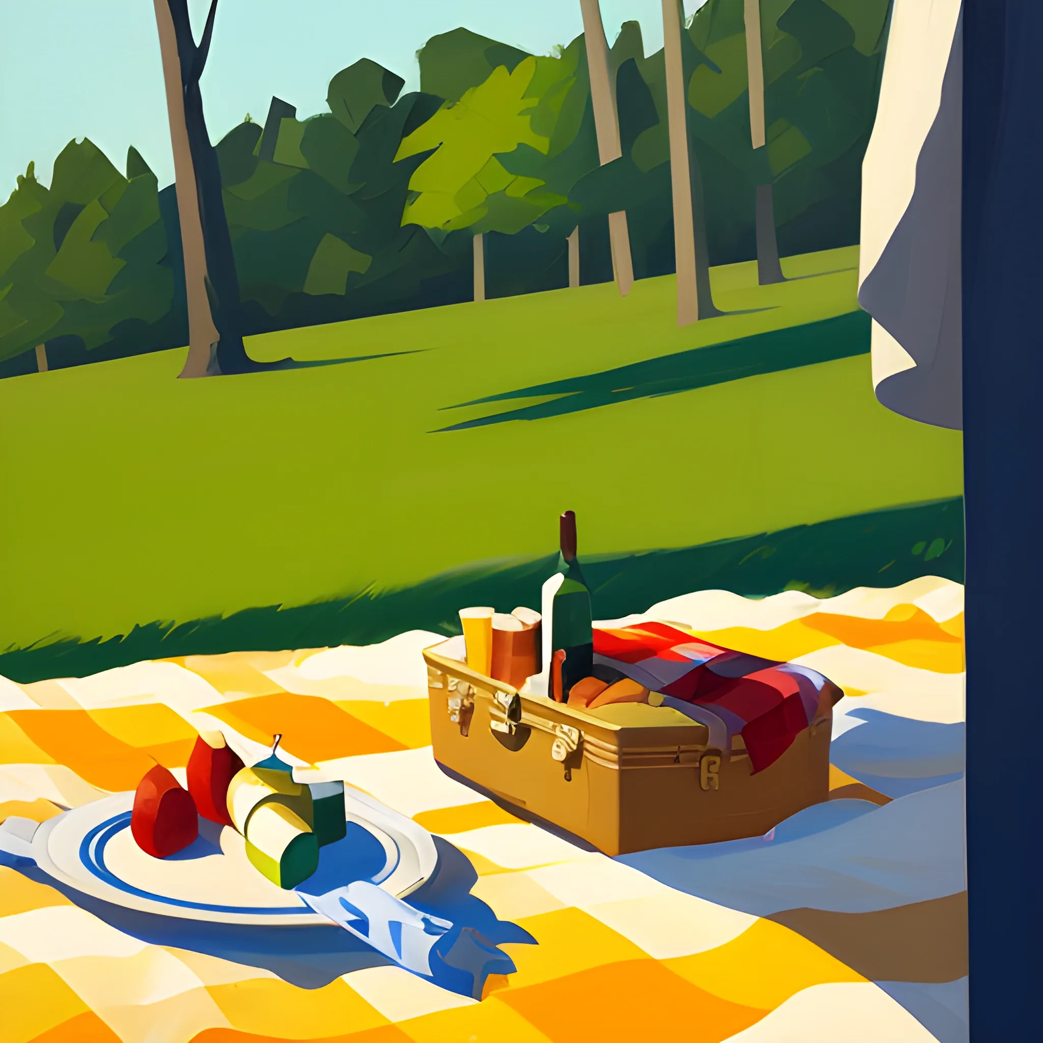close up view of items on picnic blanket, contemporary, very coherent, painted by Edward Hopper, painted by James Gilleard
