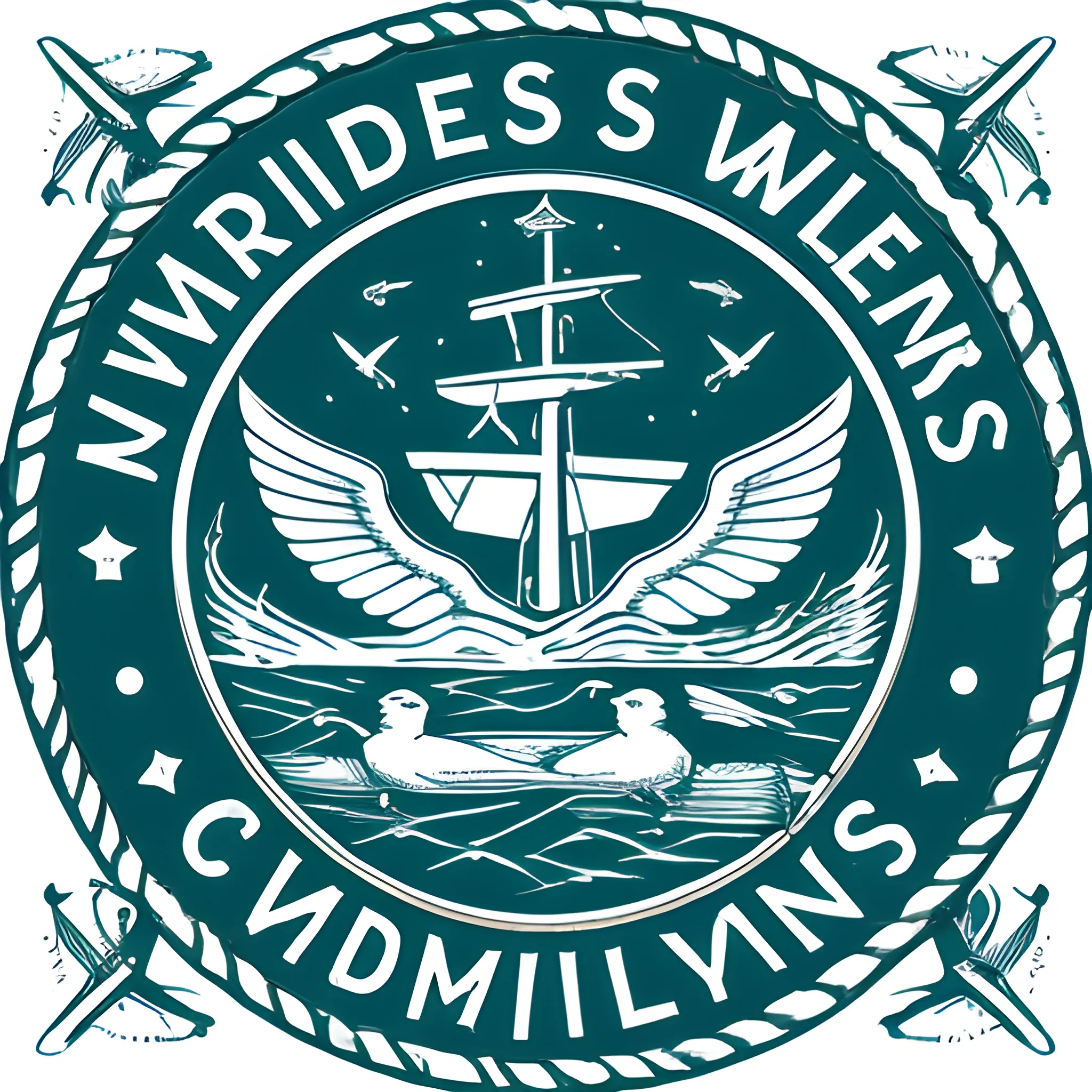 Create a company logo called "WilderSailors" for a yachting crew community. An old logo, with a rusty metal appearance, like the end of a wax seal stamp, add two swallow tattoo birds, and several stars in the sky, and add each bird facing each other with open wings. 