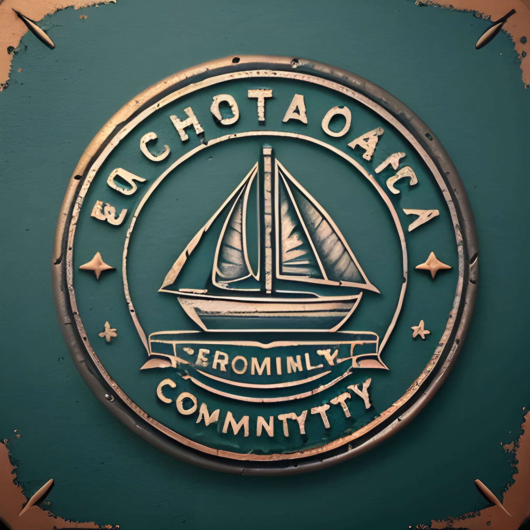 Create a company logo called "Eduardo" for a yachting crew community. An old logo, with a rusty metal appearance, like the end of a wax seal stamp, add two boat tattoo, and several stars in the sky, and add each boat facing each other.