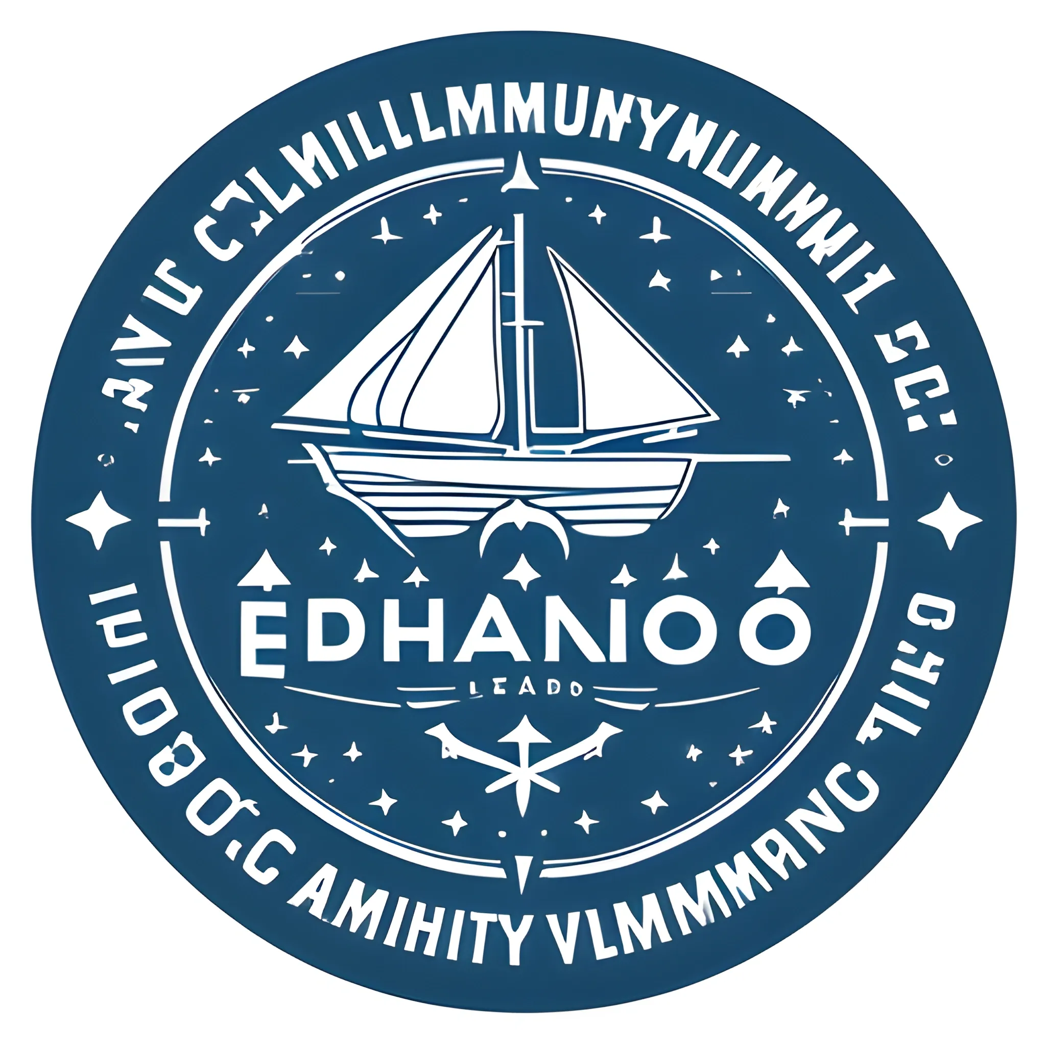 Create a company logo called "Eduardo" for a yachting crew community. White radiant light bottom, top left corner, a collection of yachting logo, add two boat tattoo, and several stars in the sky, and add each boat facing each other.