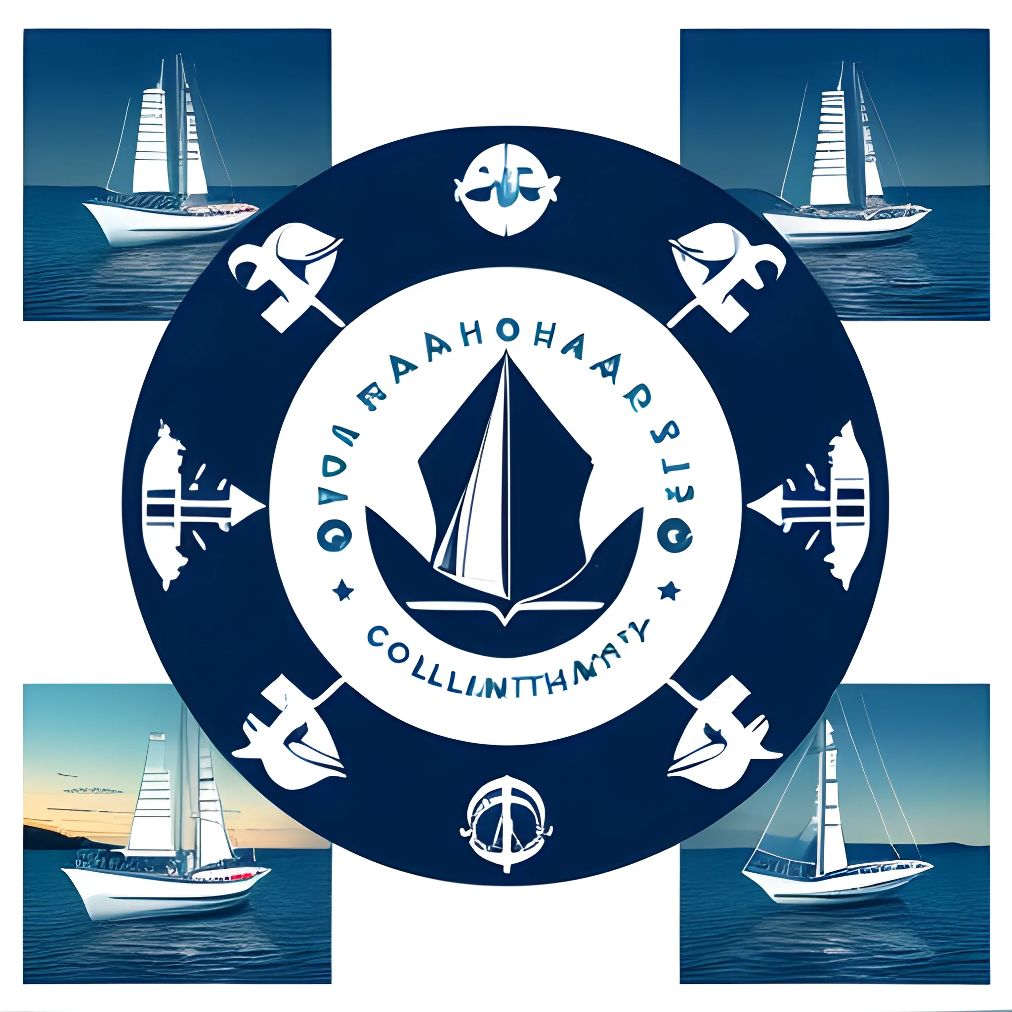 Create a company logo with no background called Eduardo for a yachting crew community. White radiant light bottom, top left corner, a collection of yachting logo, add two boat tattoo, and several stars in the sky, and add each boat facing each other.