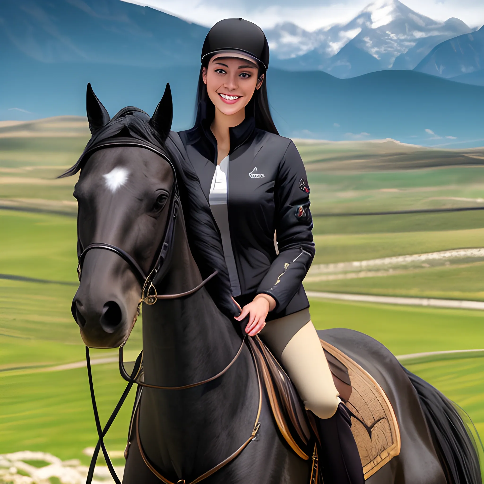 (((Beautiful and charming girl with a smile))) :: 20 years old:: (((riding a horse)))::(((full-length))):: (((middle plan)))::black hair:: (incredibly detailed face, nose,eyes,lips--1.7)-1.8)jacket:: trousers:: T-shirt :: cap::overdetalization::hyperrealism::4K Quality:: 50mm lens::Daylight::natural colors::Masterpiece:: beautiful background of mountains::, Trippy