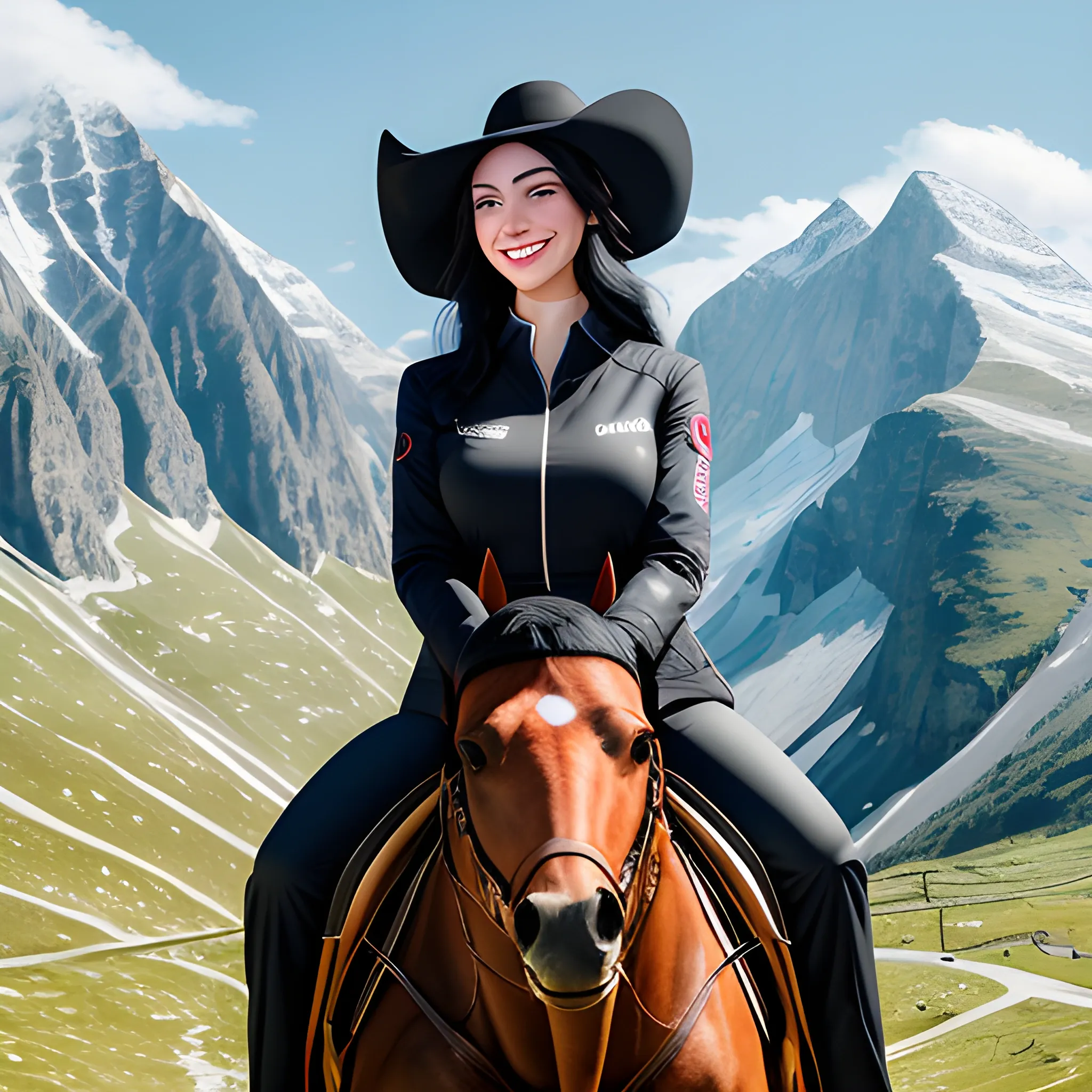 (((Beautiful and charming girl with a smile))) :: 20 years old:: (((riding a horse)))::(((full-length))):: (((middle plan)))::black hair:: (incredibly detailed face, nose,eyes,lips--1.7)-1.8)jacket:: trousers:: T-shirt :: cap::overdetalization::hyperrealism::4K Quality:: 50mm lens::Daylight::natural colors::Masterpiece:: beautiful background of mountains::, Trippy