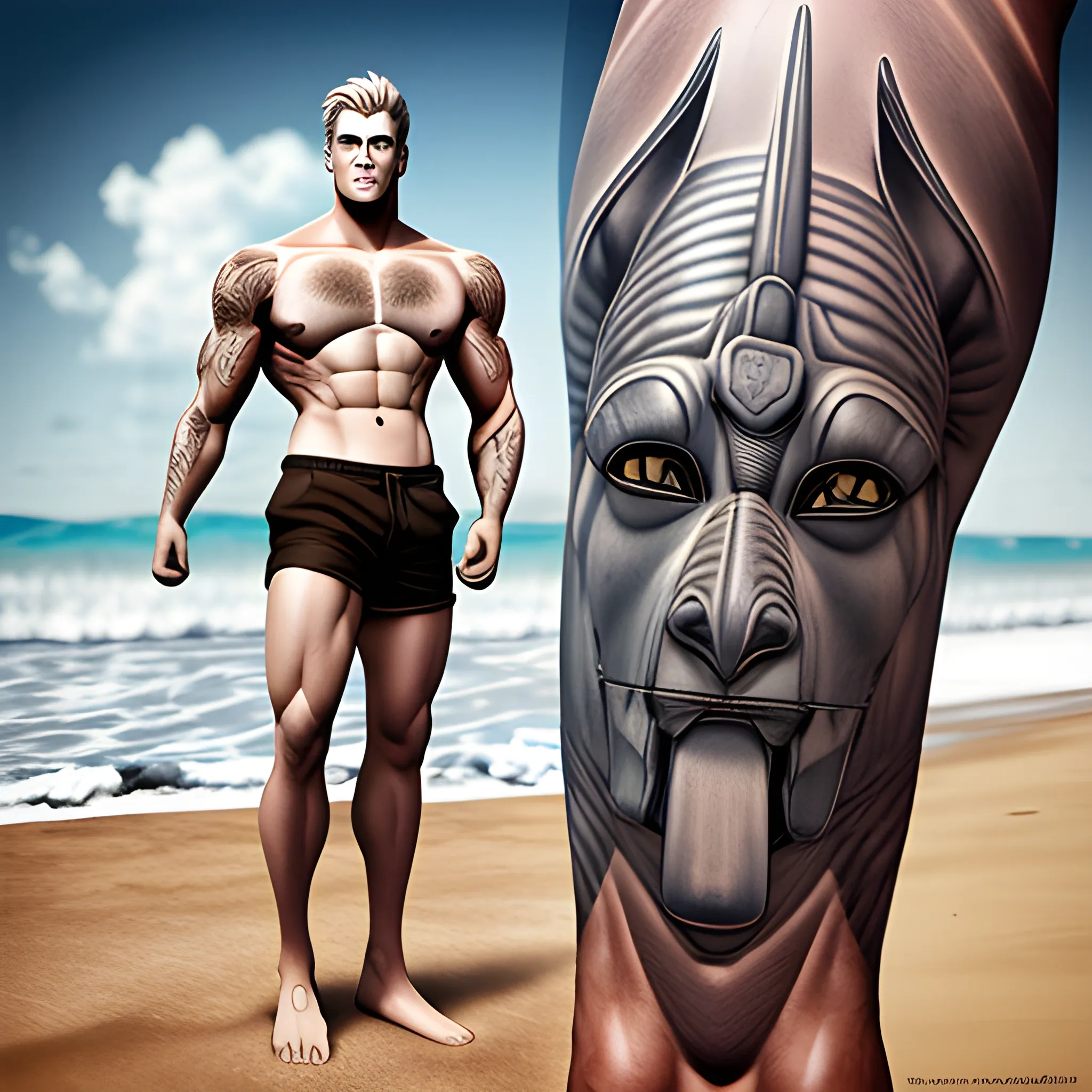 Ricardo Erhardt Domingos realistic strong body on the beach with surfer shorts and anubis tattoo on his left arm, 3D