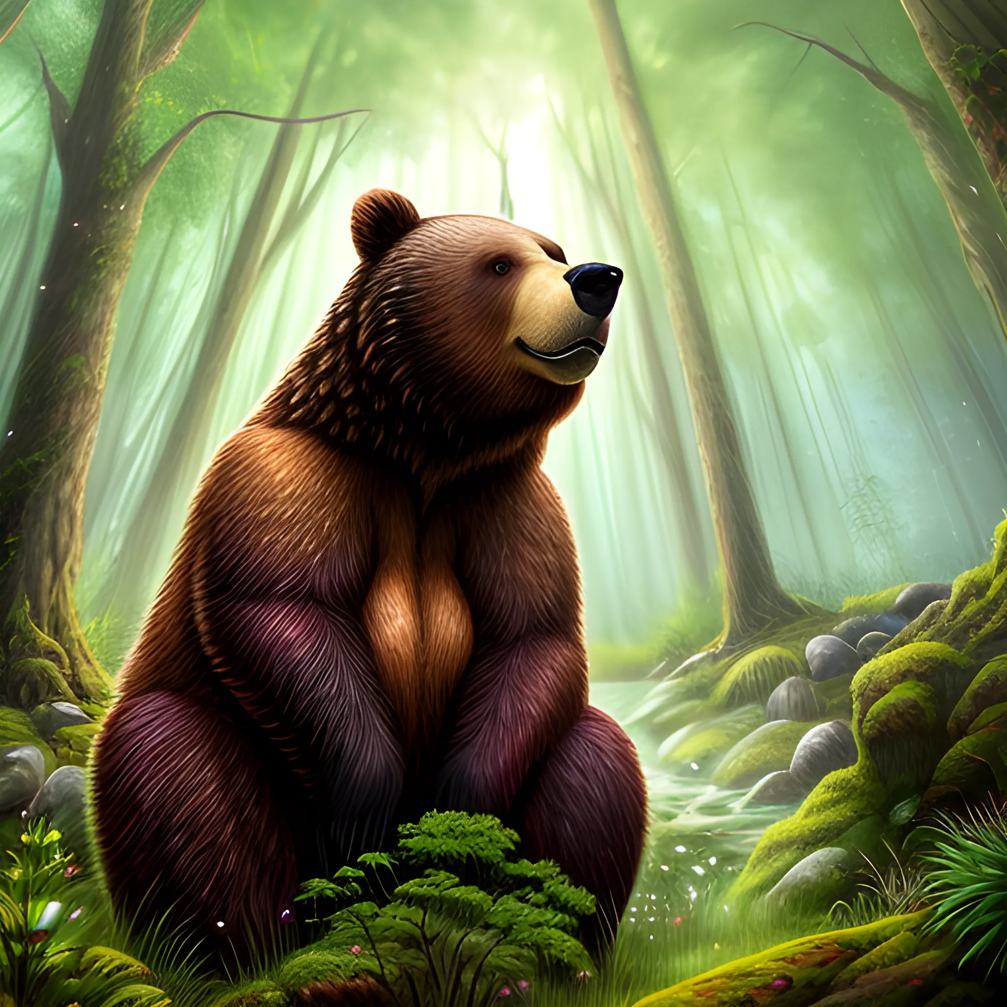 A photorealistic illustration depicting a lost baby bear in a magical forest. The illustration showcases the bear's adorable and innocent appearance, surrounded by vibrant and enchanting elements of the magical forest. The lighting in the scene adds a sense of wonder and mystery, with rays of sunlight filtering through the canopy of trees. The foliage and flora in the forest are depicted with rich colors and intricate details, creating a visually captivating environment. The illustration captures the emotions of the baby bear, evoking a sense of curiosity, vulnerability, and the desire to find its way back home., Cartoon