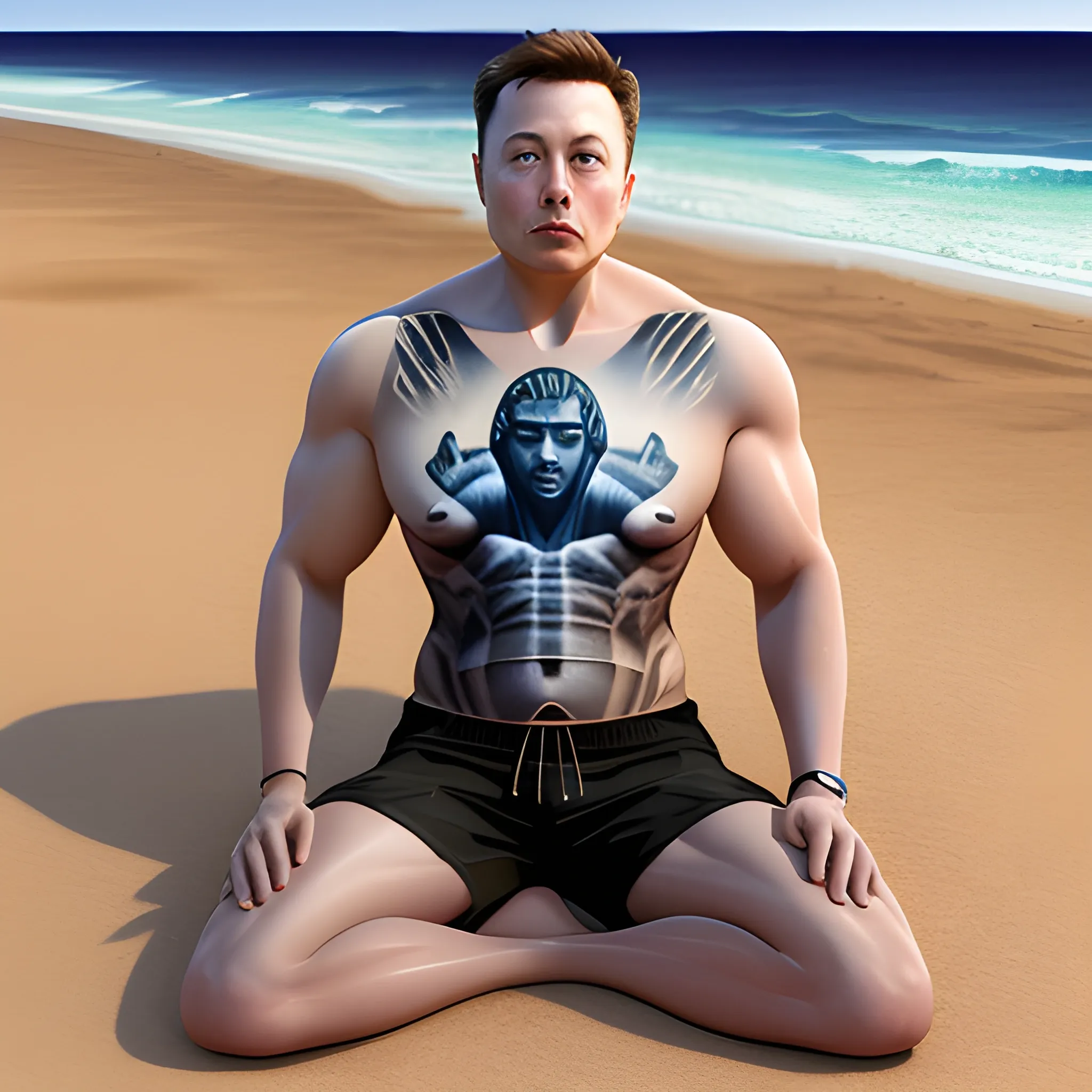 Elon Musk realistic strong body on the beach with surfer shorts and anubis tattoo on left arm, 3D