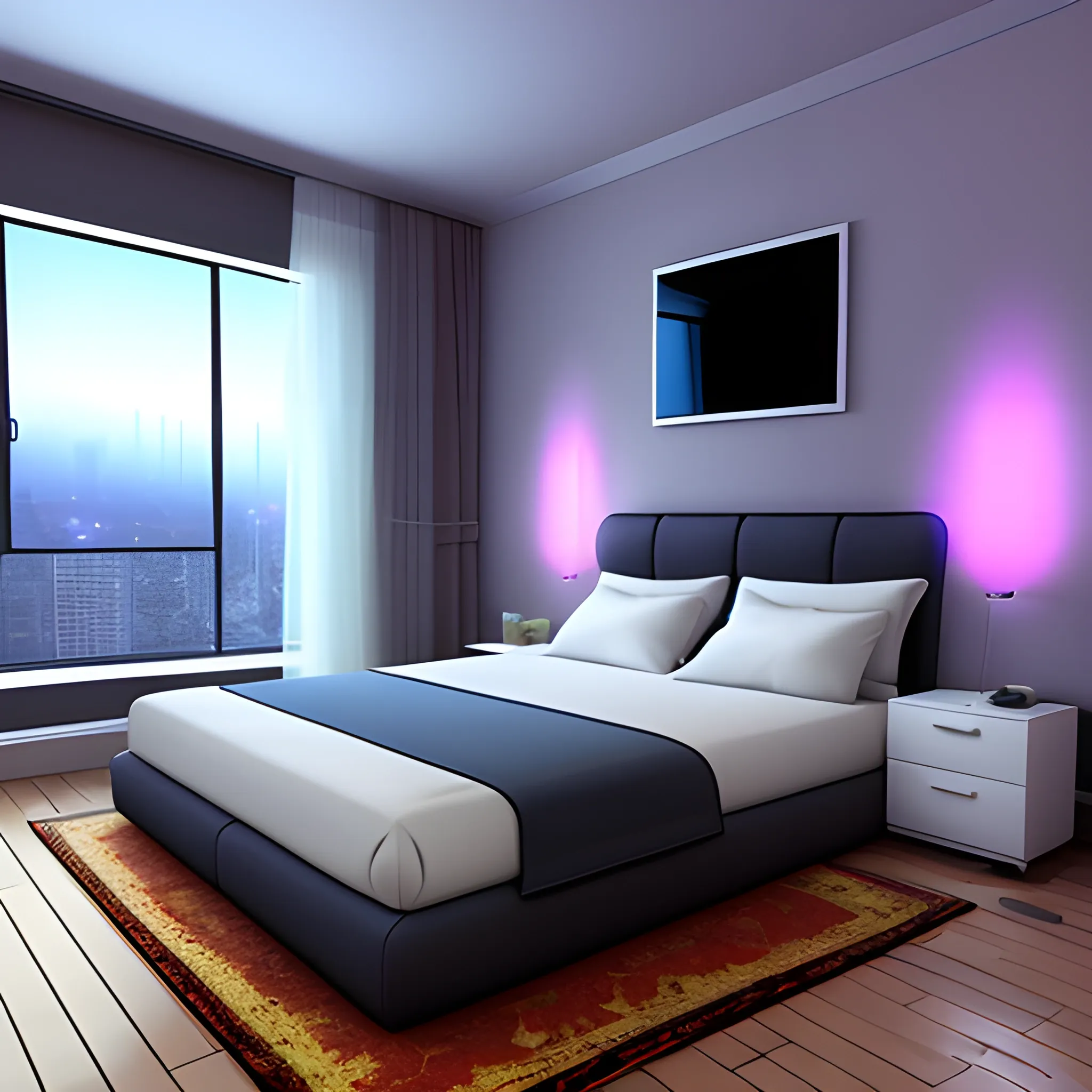 Inside a game, teenager's room, virtual reality headsets on top of the bed, 3D