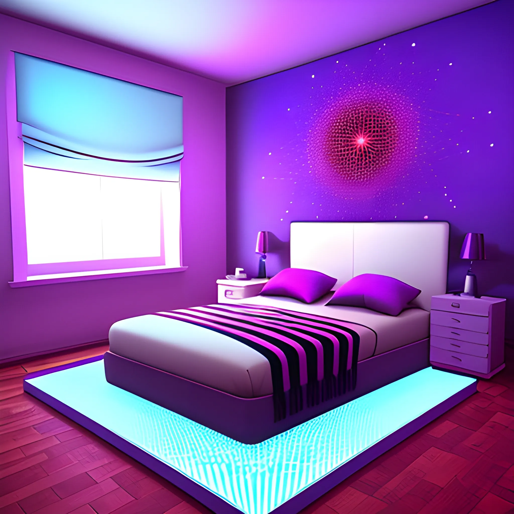 Inside a game, teenager's room, virtual reality headsets on top of the bed, 3D, Trippy
