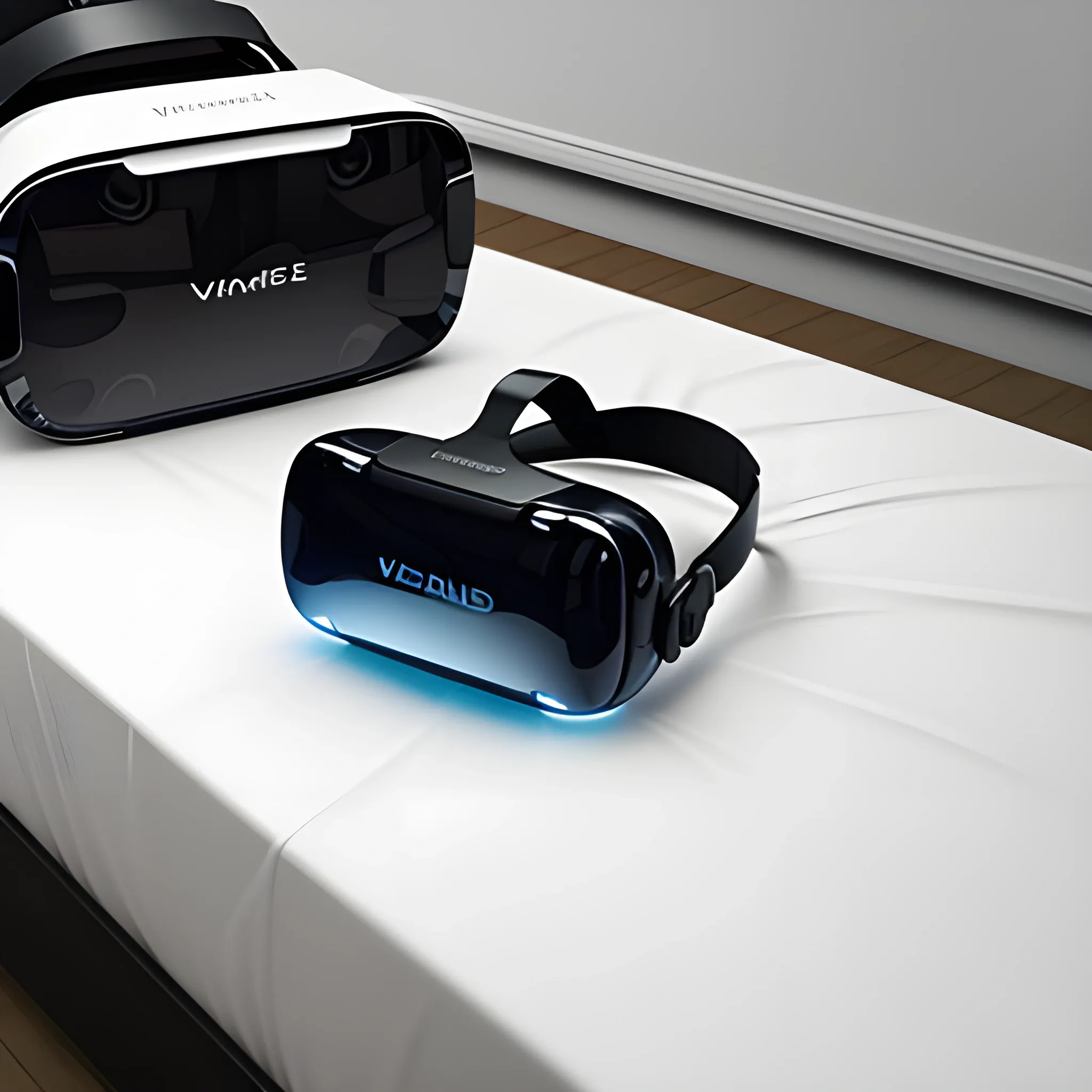 virtual reality headsets, on top of a bed, make it look like a game