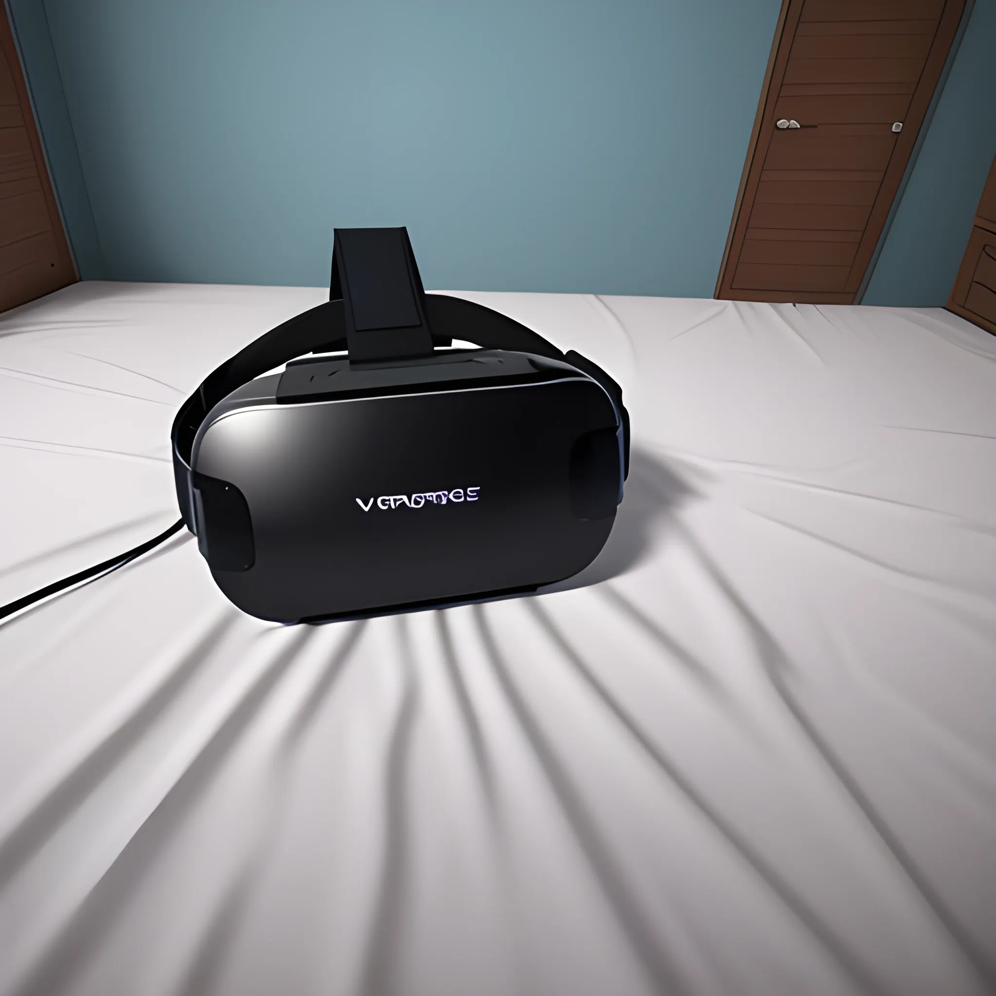 one virtual reality headsets, on top of a bed, make it look like a game
