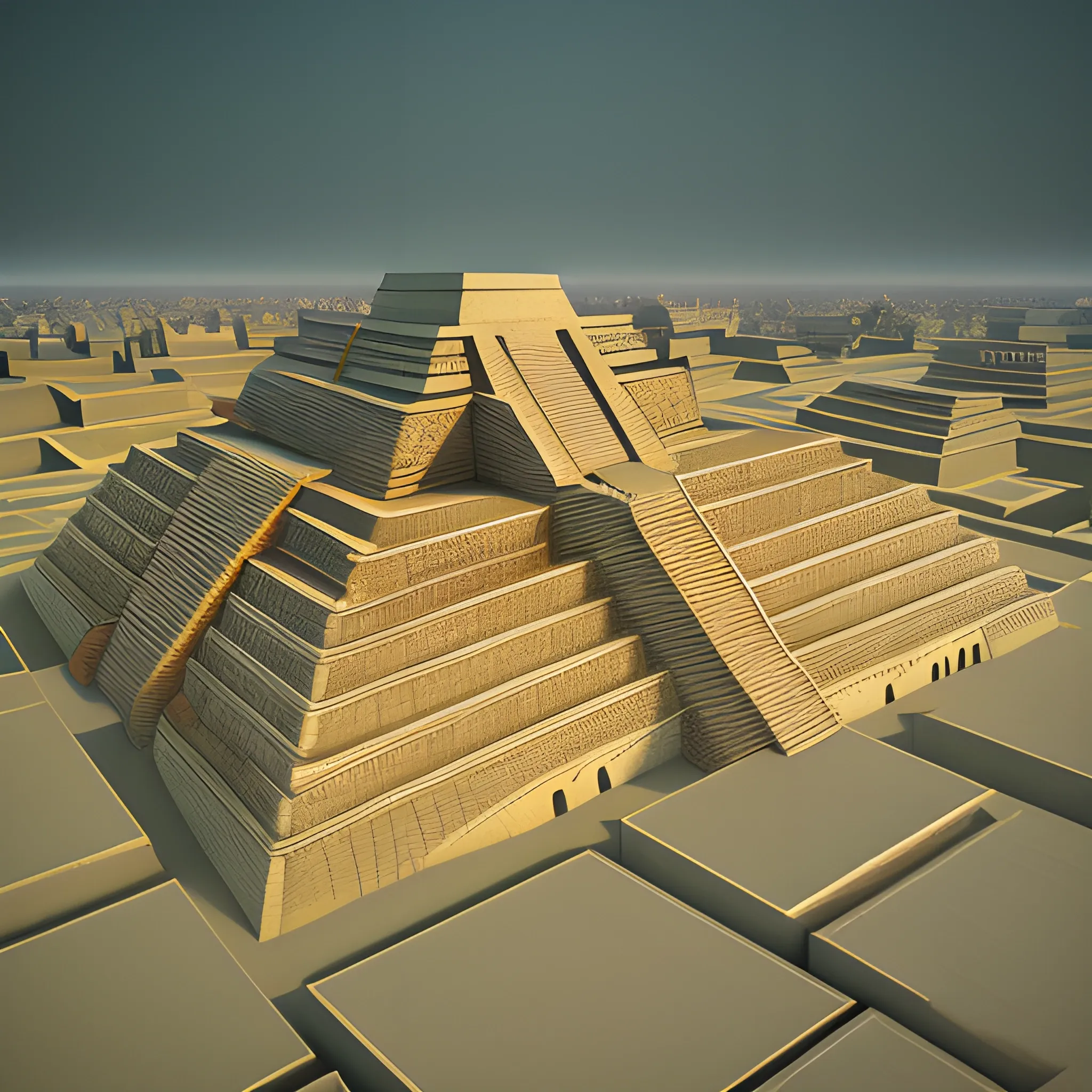 a drone view of Great Ziggurat of Ur | city bakground | hyperrealistic| highly detailed| cinematic| daylight| beautiful| cgssociety| artstation| unengine 5, 3D