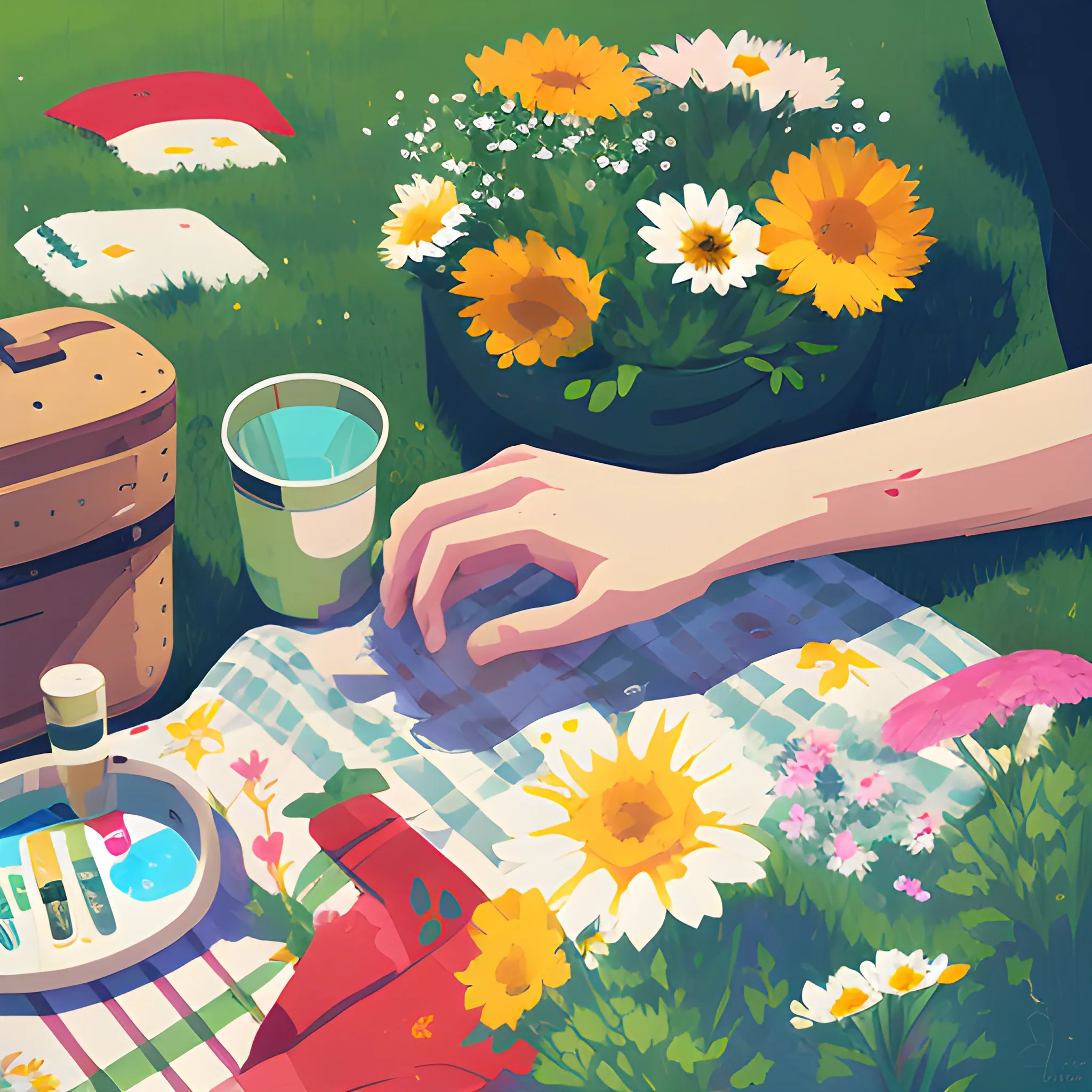 close up view of items on picnic blanket, contemporary, flowers, very coherent, painted by pascal campion, painted by ryo takemasa
