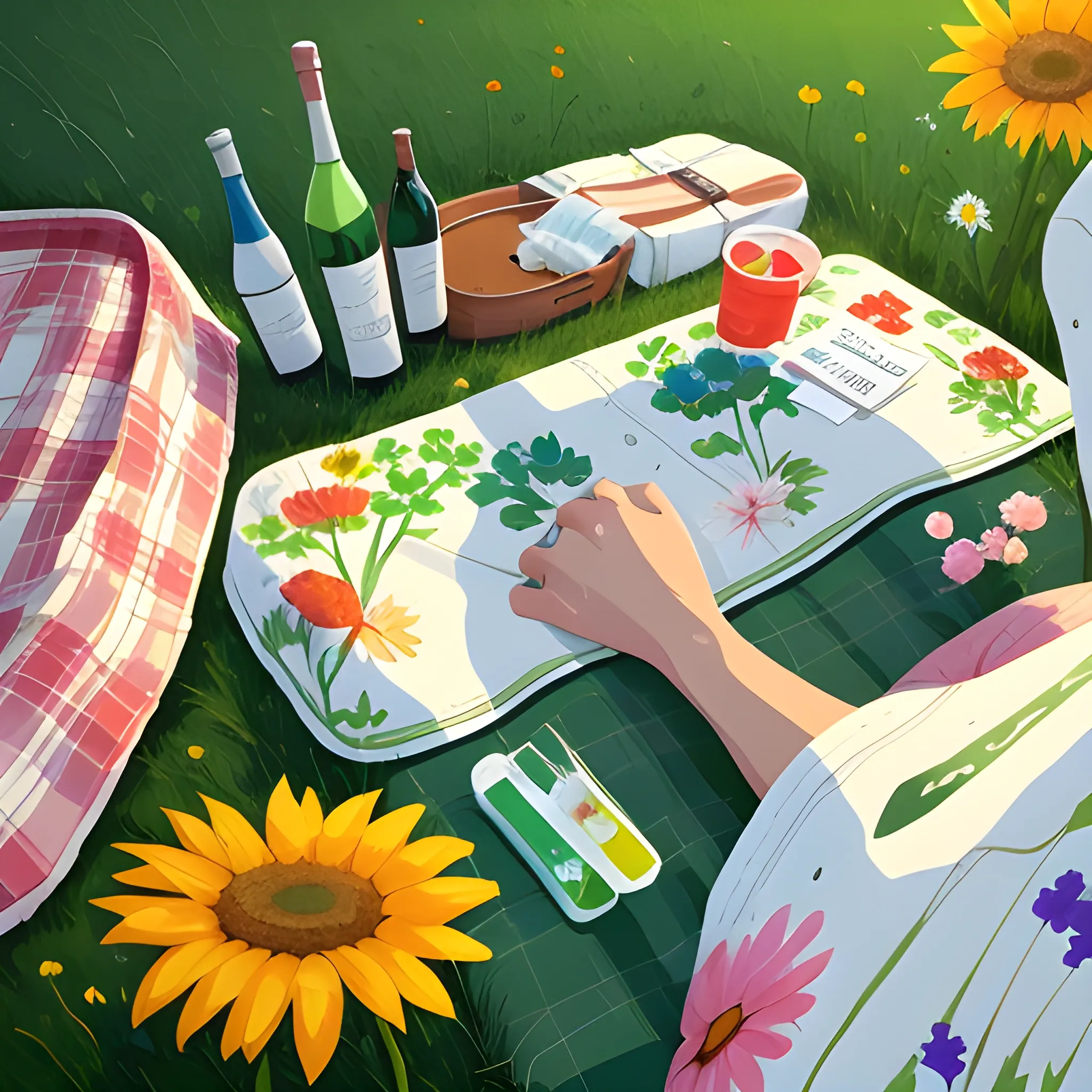 close up view of items on picnic blanket, flowers, very coherent, painted by pascal campion, painted by ryo takemasa
