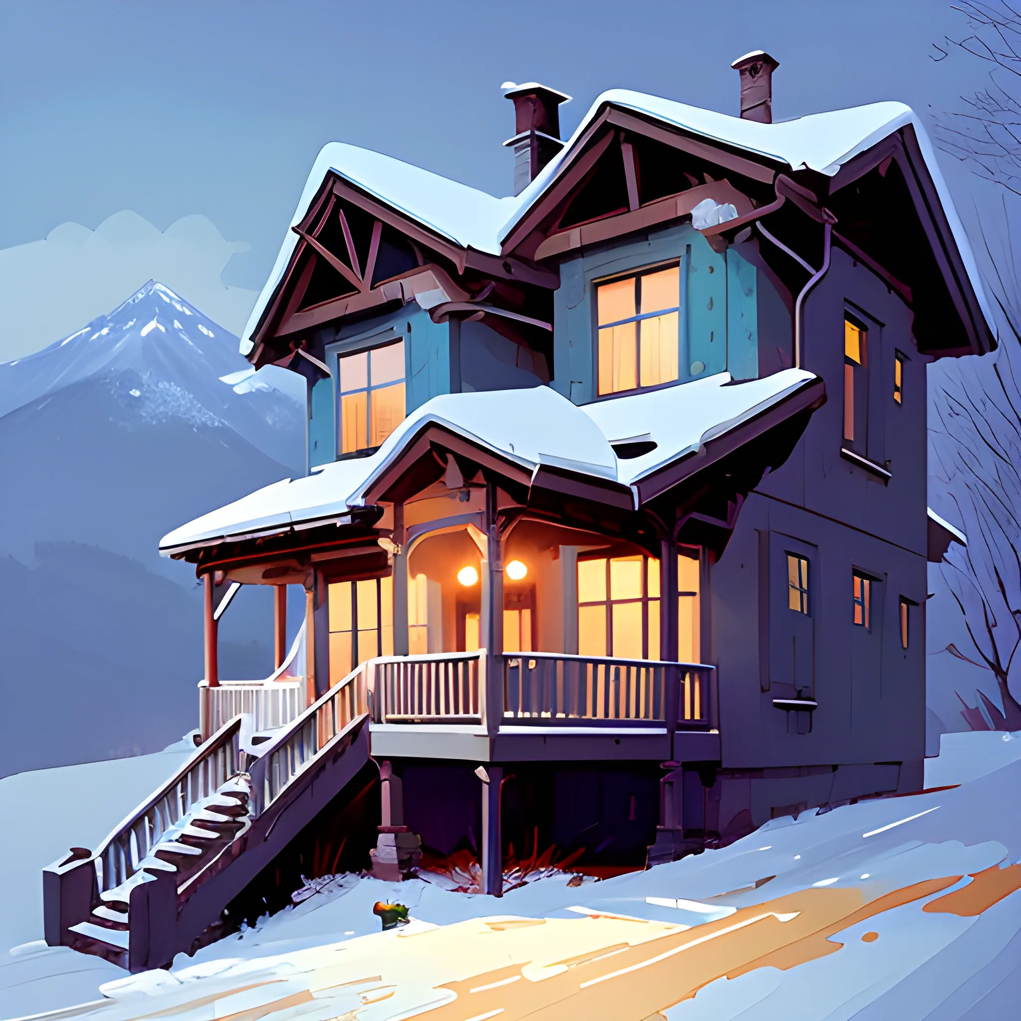 view of house with porch in mountain town, very coherent, painted by pascal campion, painted by ryo takemasa
