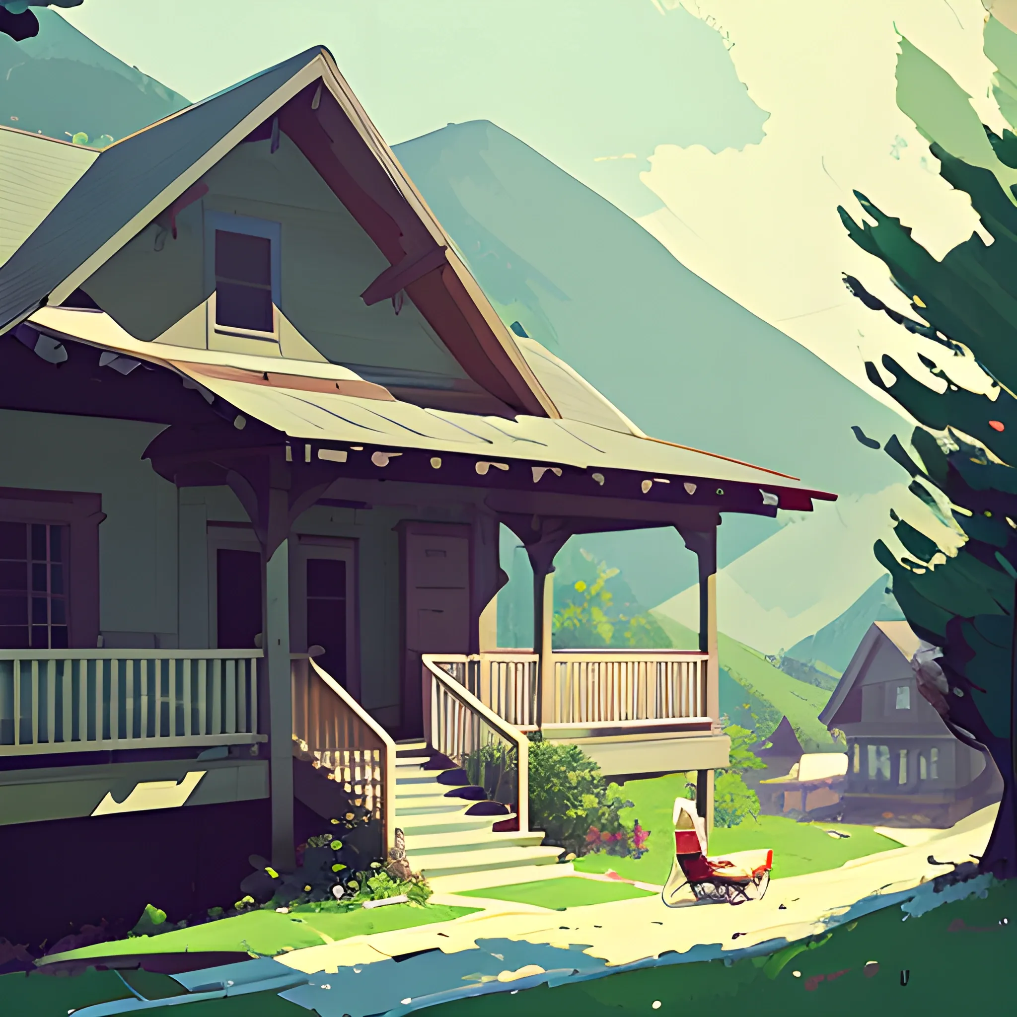 view of house with porch in mountain town, summer, very coherent, painted by pascal campion, painted by ryo takemasa
