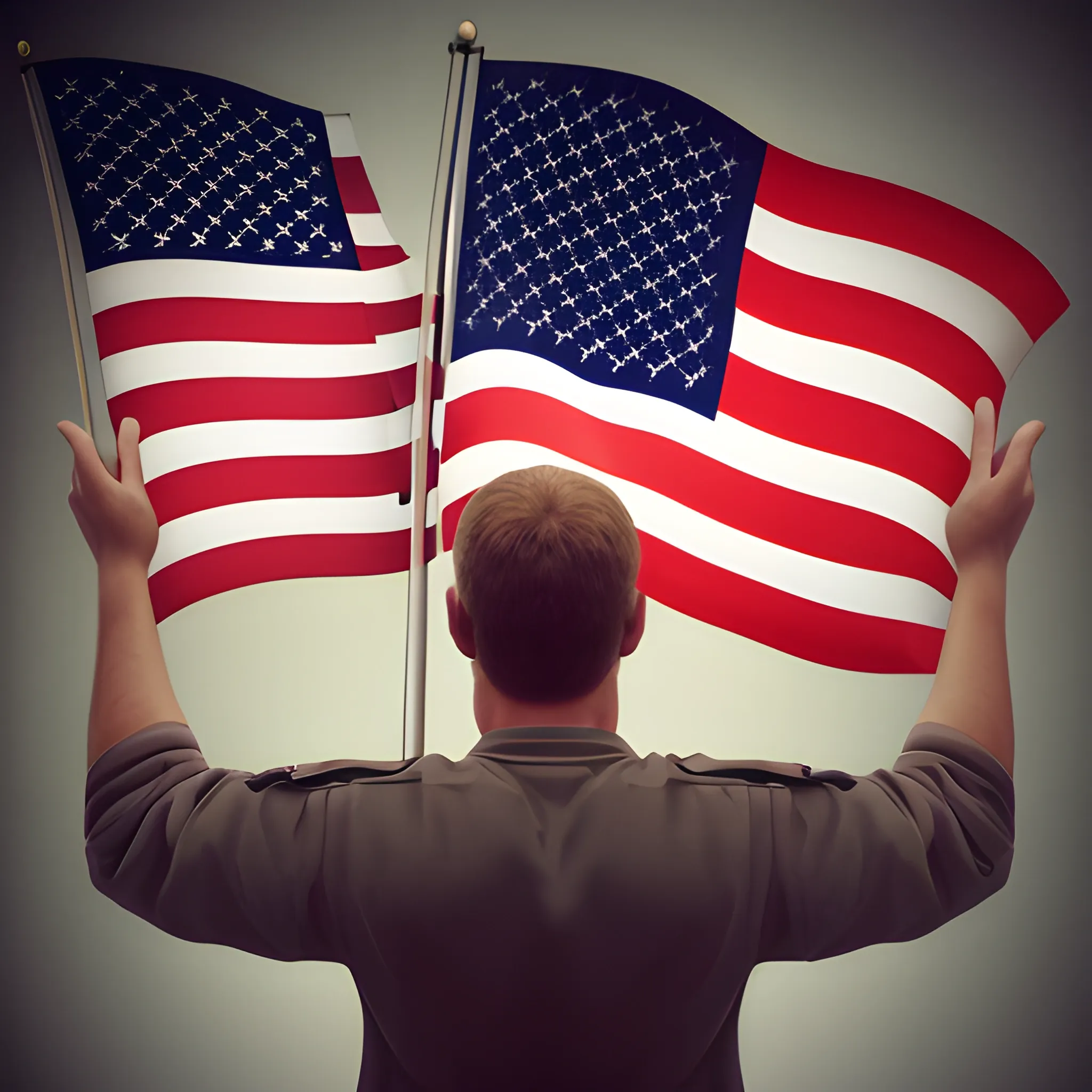 a happy person with a back round and US flags realistic